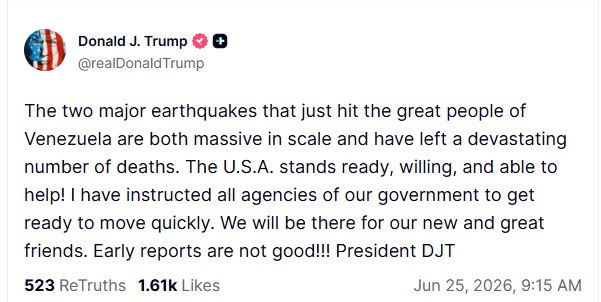 Trump pledges US aid for Venezuela quake; as USGS projects quake death&hellip;