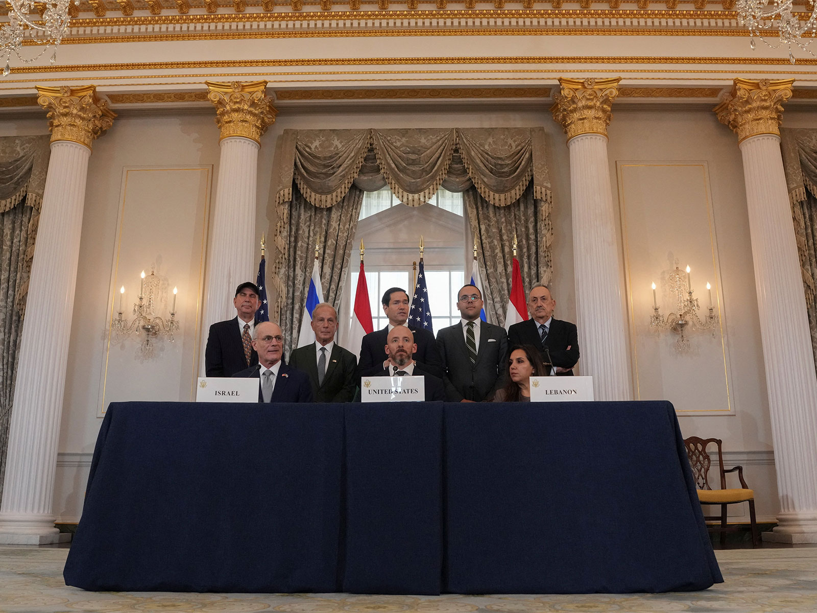 U.S. Secretary of State Marco Rubio talks alongside State Department Counselor Daniel Holler, Israel's Ambassador to the U.S. Yechiel Leiter and Lebanon's Ambassador to the U.S. Nada Hamadeh during an event to sign a framework agreement between Israel and Lebanon (Photo/Reuters)