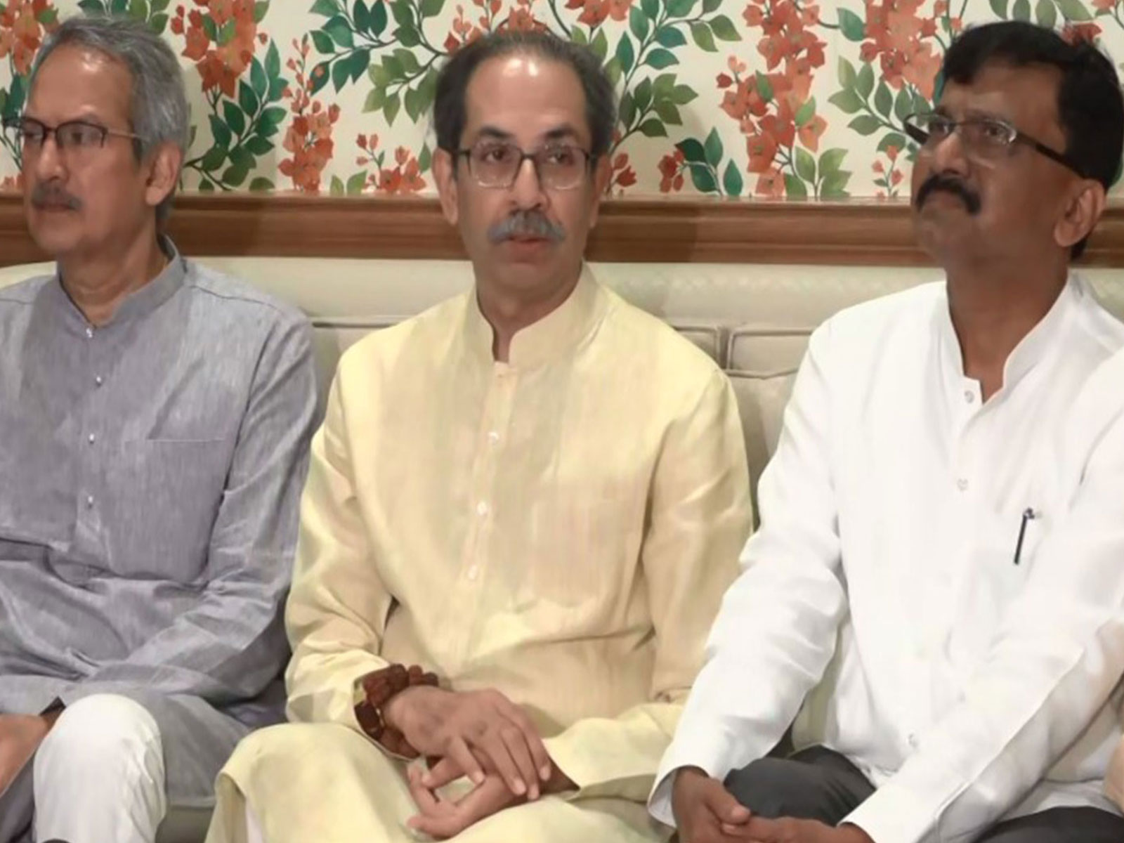 UBT Sena chief Uddhav Thackeray (C) along with other party leaders Sanjay Raut (R) and Anil Desai (L) (Photo/ANI)