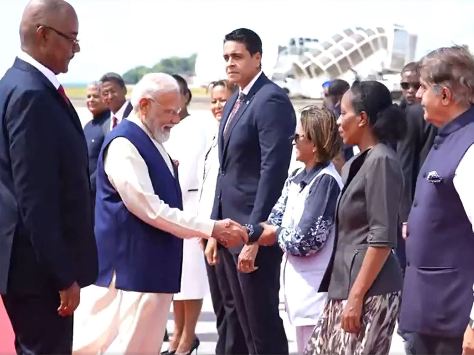 Prime Minister Narendra Modi is warmly received upon his arrival at Seychelles International Airport in Victoria during his three-day official visit to the island nation. (Image Source: ANI/DD)