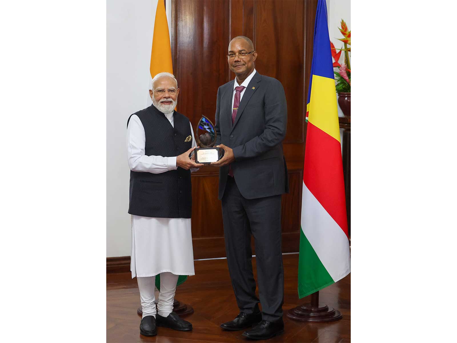 Seychelles President Patrick Herminie conferred ‘Guardian of the Blue Horizon’ title on PM Modi (Photo/ANI)