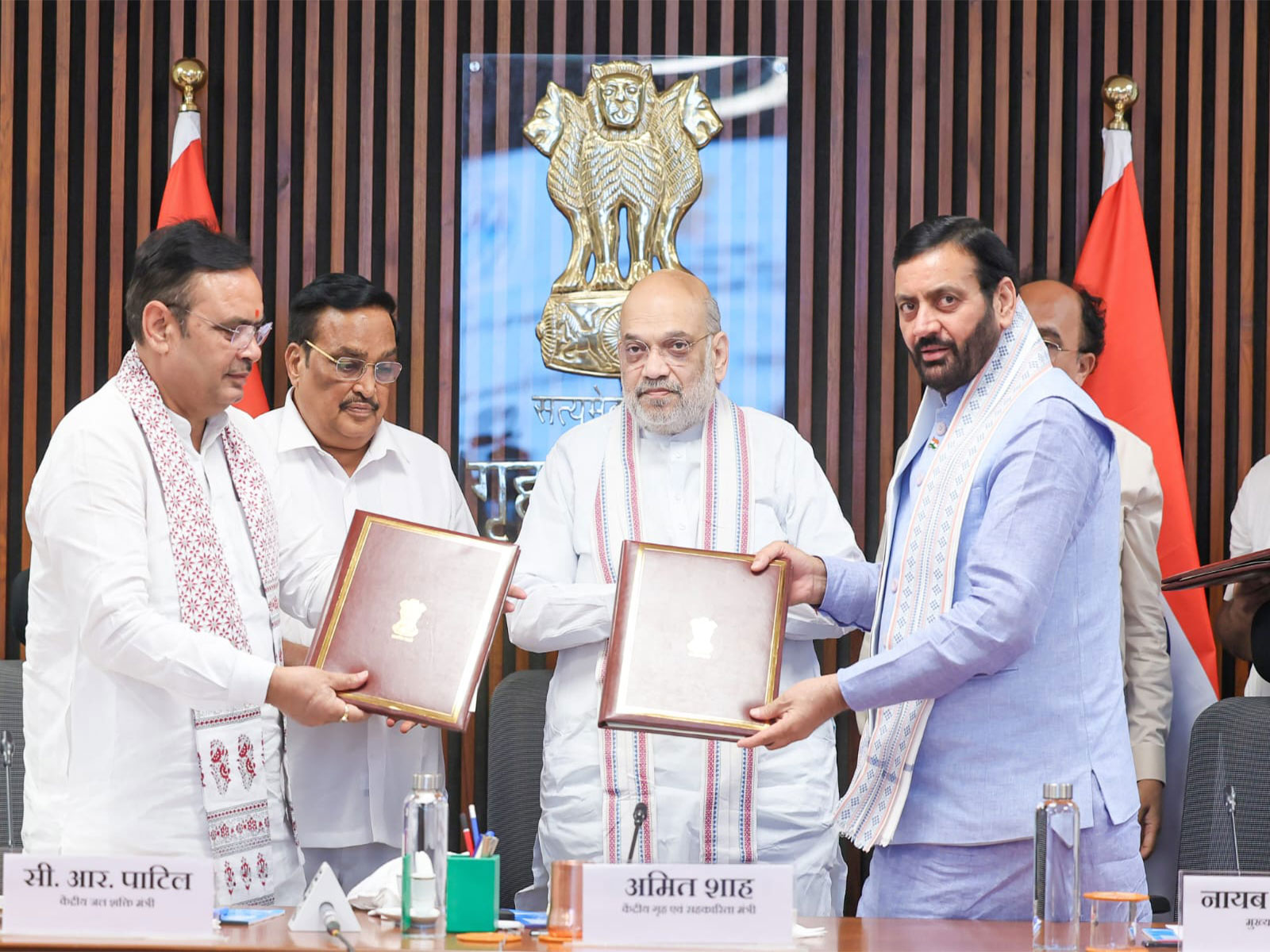 Union Home Minister Amit Shah (Centre), Haryana CM Nayab Saini (Right), Jal Shakti Minister CR Patil (Left), Rajasthan CM Bhajan Lal Sharma (Extrene Left) (Photo/ANI) Union Home Minister Amit Shah (Centre), Haryana CM Nayab Saini (Right), Jal Shakti Minister CR Patil (Left), Rajasthan CM Bhajan Lal Sharma (Extrene Left) (Photo/ANI)