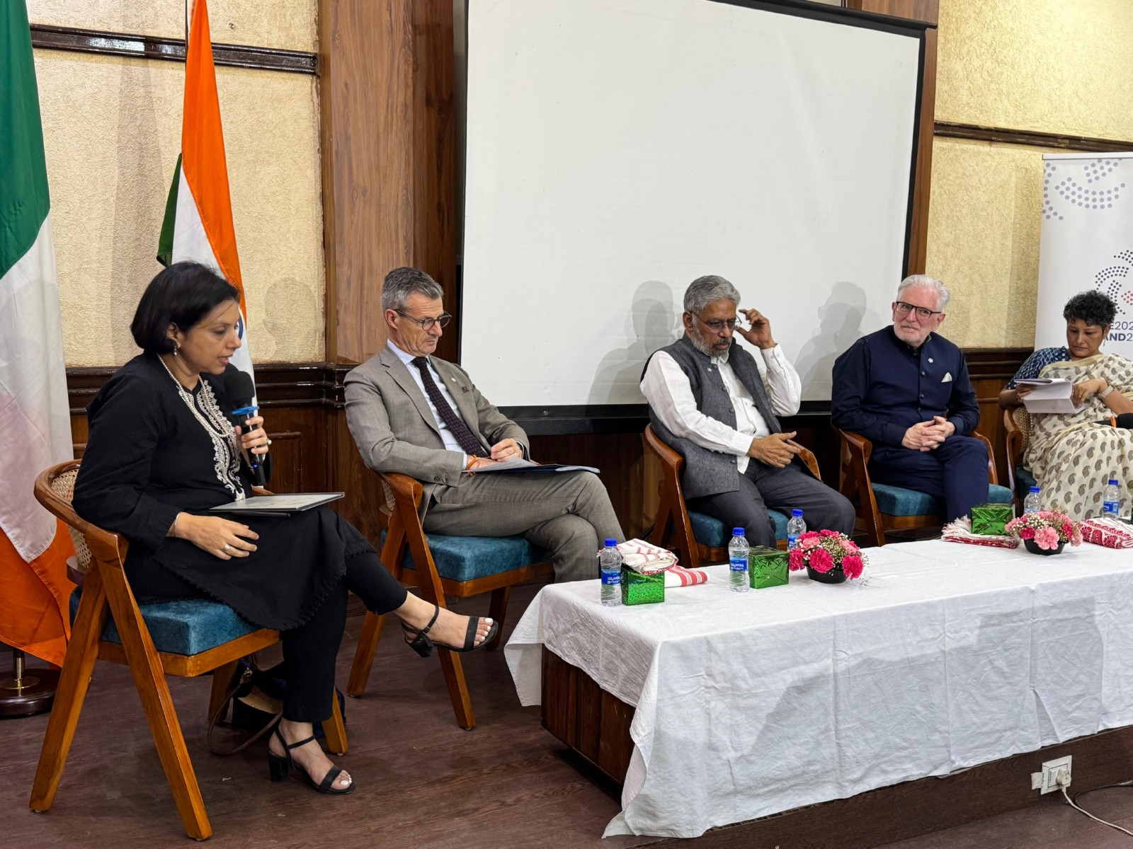Panellists (L-R) Suhasini Haidar, Journalist; Hervé Delphin, Ambassador of the European Union to India; C Raja Mohan, Distinguished Fellow, Council for Strategic and Defence Research; Kevin Kelly, Ambassador of Ireland to India; and Sangeeta Barooah Pisharoty, President, Press Club of India (Photo/Embassy of Ireland)