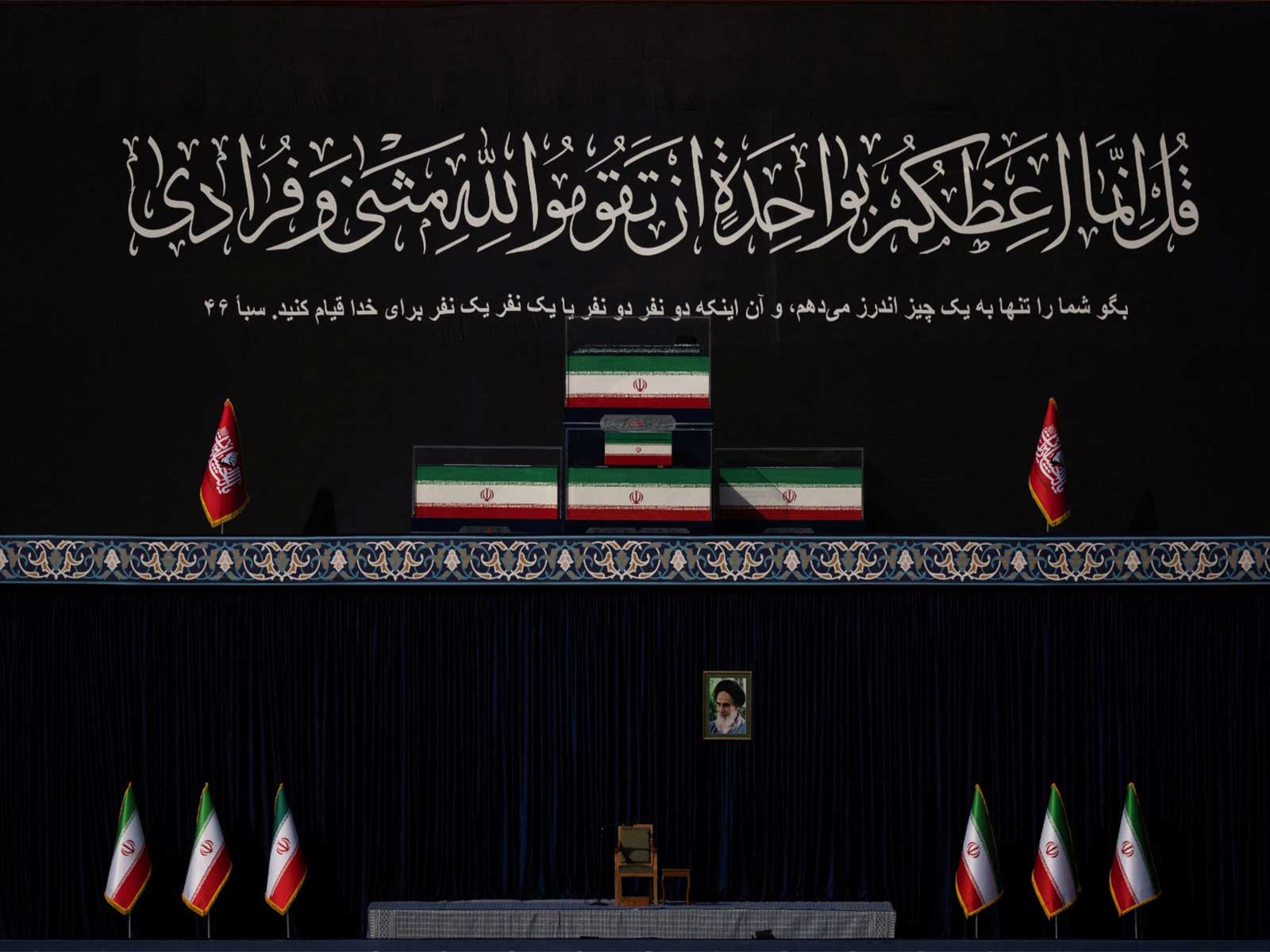 Coffins of Iran's late Supreme Leader Ayatollah Ali Khamenei and his family members are displayed during a public farewell ceremony to pay their respects (Photo/Reuters)