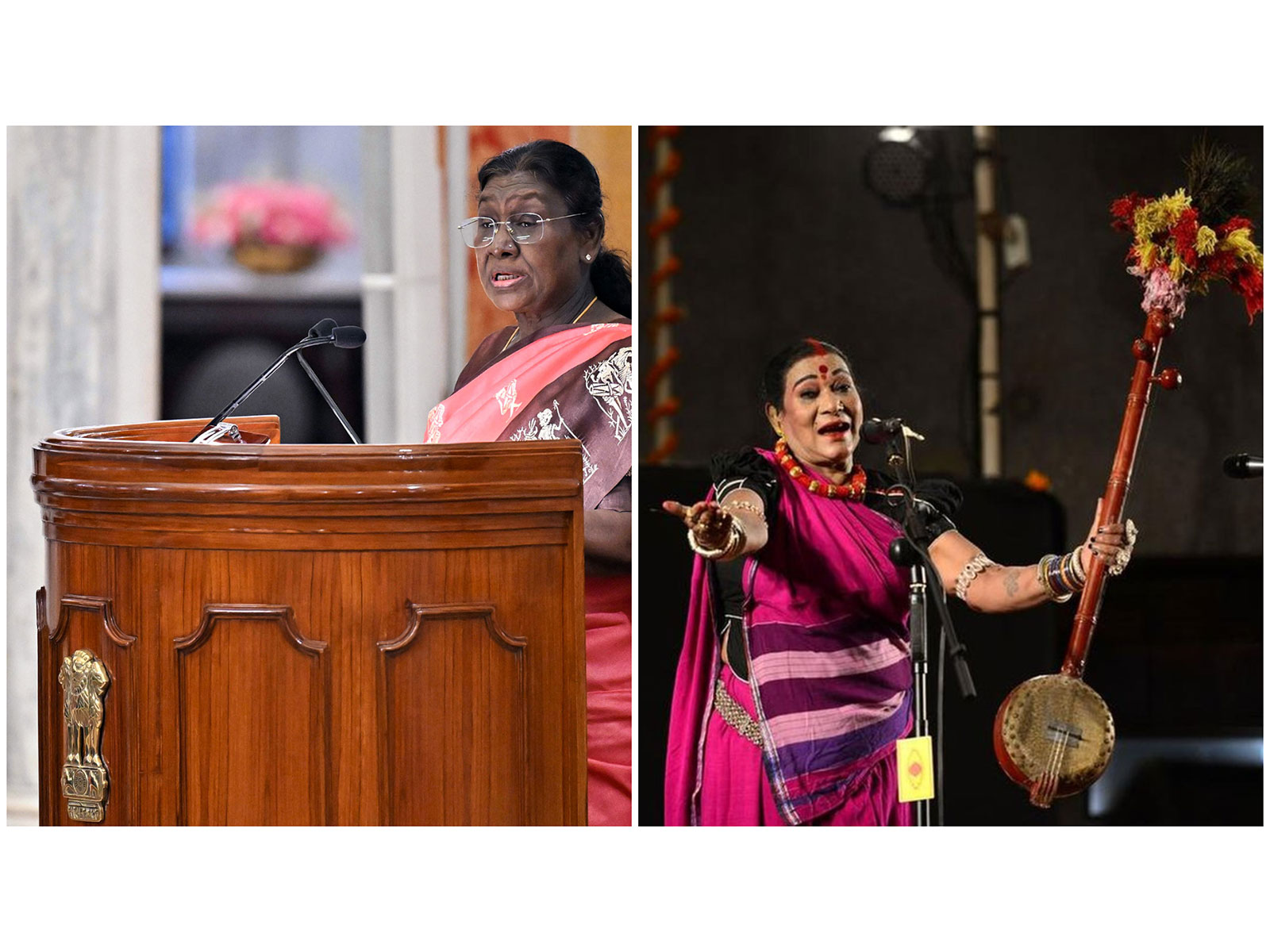 President of India, Droupadi Murmu (L) legendary Pandavani exponent Teejan Bai (R) (Photos/ANI/X/@KedarKashyapBJP)