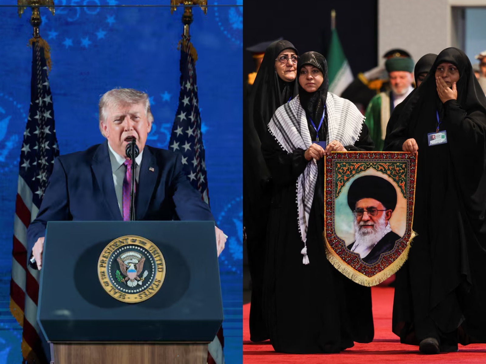 US President Donald Trump speaks at a podium as mourners carry a portrait of late Iranian Supreme Leader Ali Khamenei during his funeral ceremonies. (Photo/Reuters)