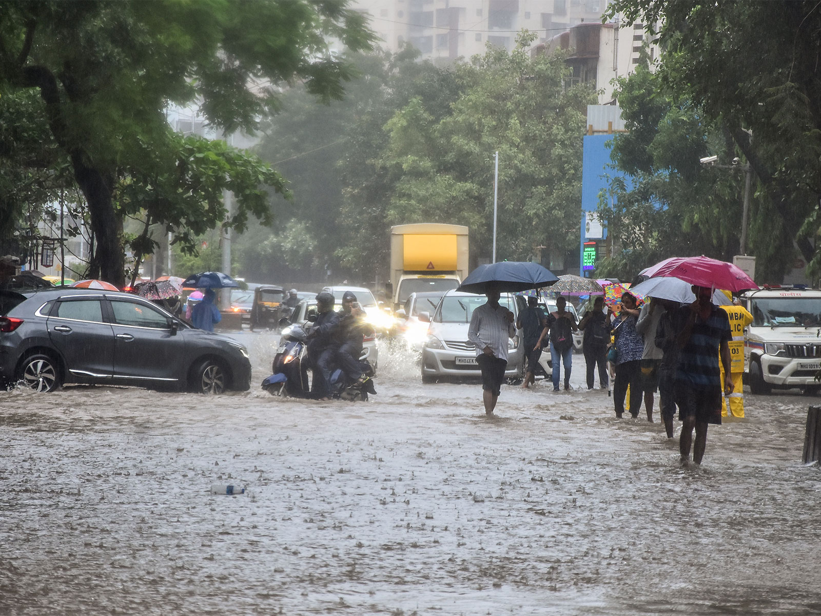 Vehicles and people wade through a waterlogged road following heavy rainfall at Andheri, in Mumbai on Saturday. (Photo/ANI)