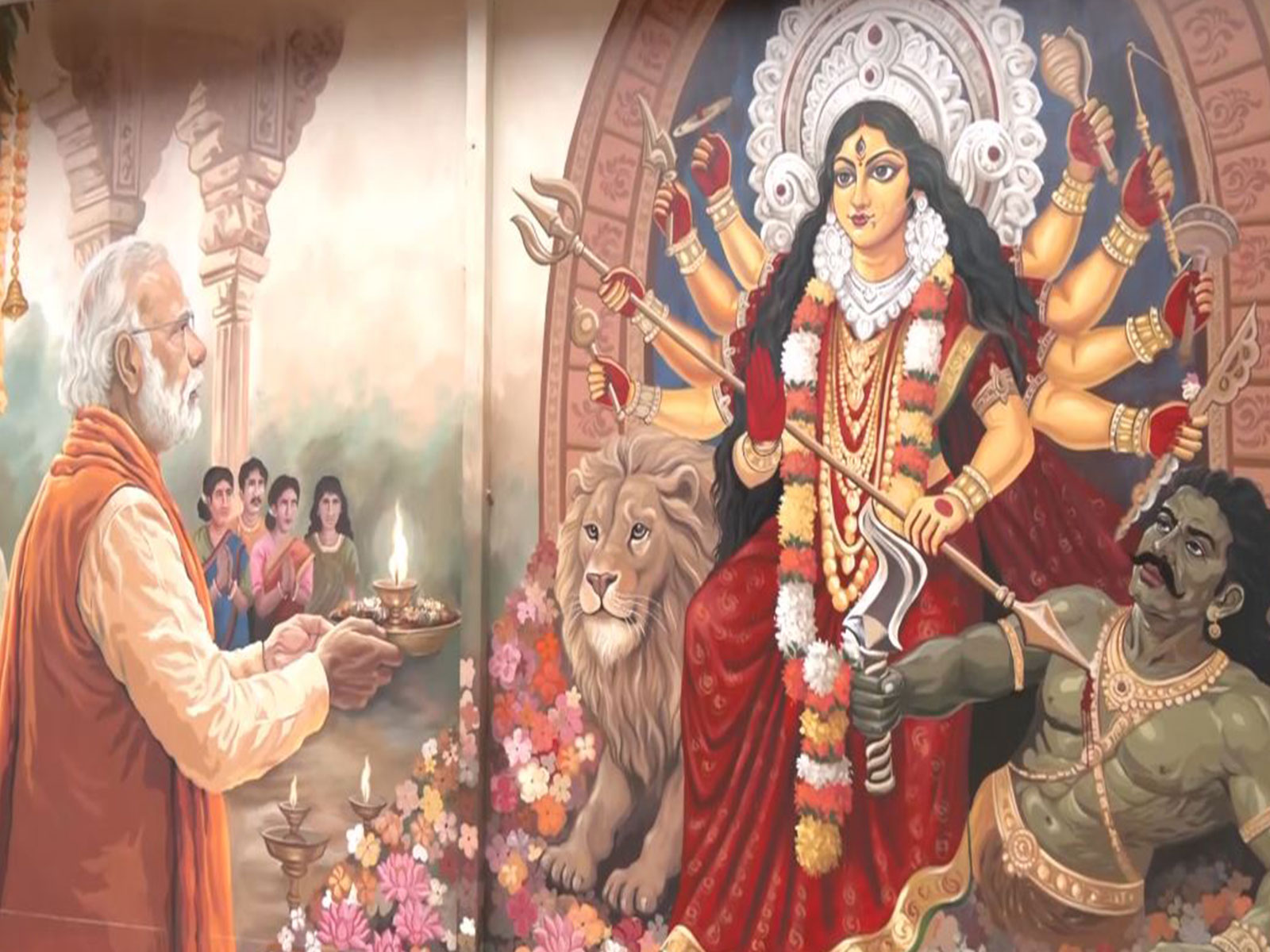 Mural of PM Modi performing Durga Puja (Photo/ANI) Mural of PM Modi performing Durga Puja (Photo/ANI)