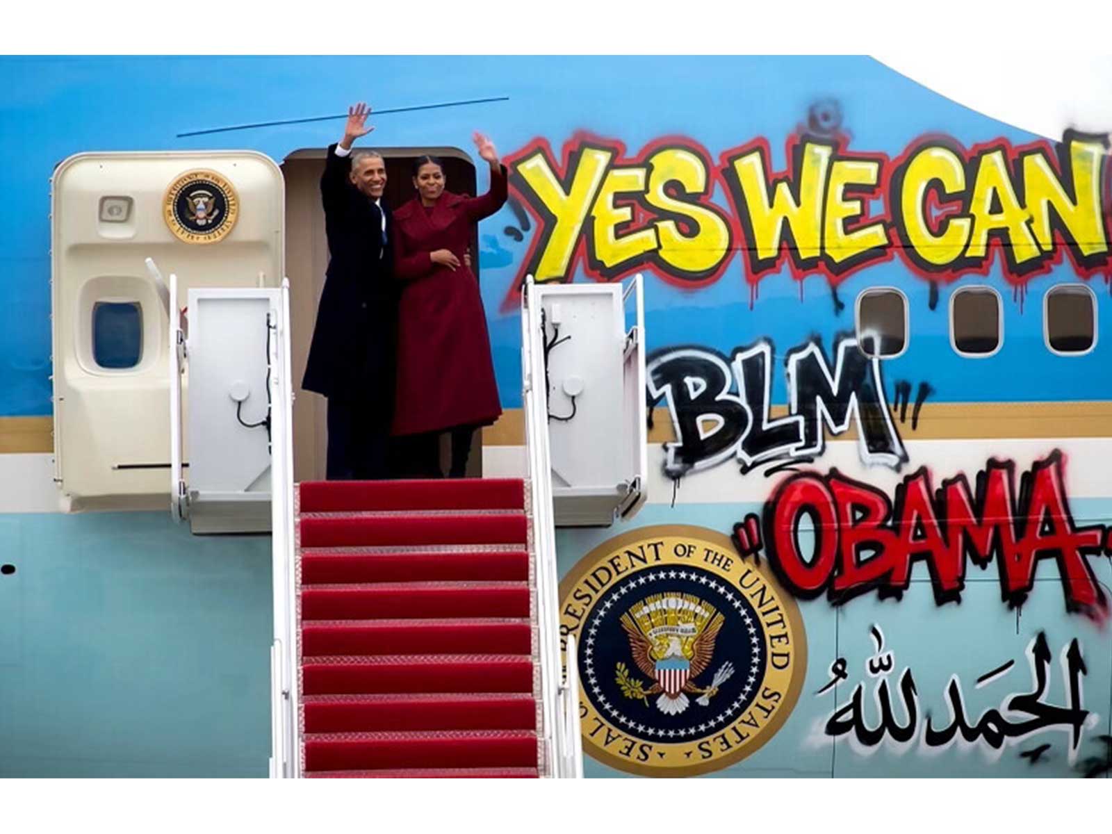 Trump shares doctored image of Obama and Michele with Graffiti-covered Air Force One (Photo/TruthSocial/@realDonaldTrump) Trump shares doctored image of Obama and Michele with Graffiti-covered Air Force One (Photo/TruthSocial/@realDonaldTrump)