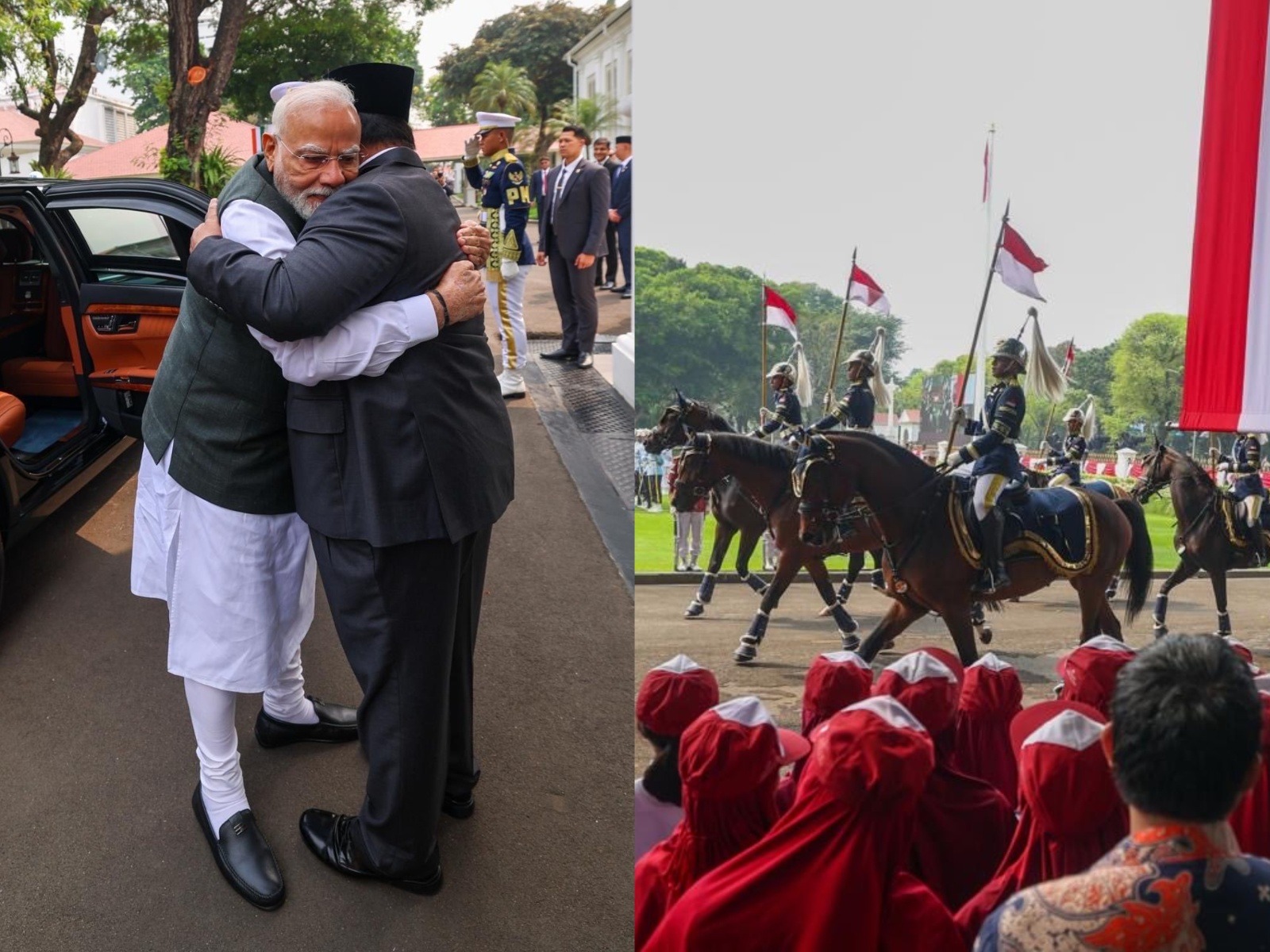 Prime Minister Narendra Modi shares a warm hug with Indonesian President Prabowo Subianto and receives a ceremonial welcome with a Guard of Honour in Jakarta on Tuesday. (Photo: X/@MEAIndia) Prime Minister Narendra Modi shares a warm hug with Indonesian President Prabowo Subianto and receives a ceremonial welcome with a Guard of Honour in Jakarta on Tuesday. (Photo: X/@MEAIndia)