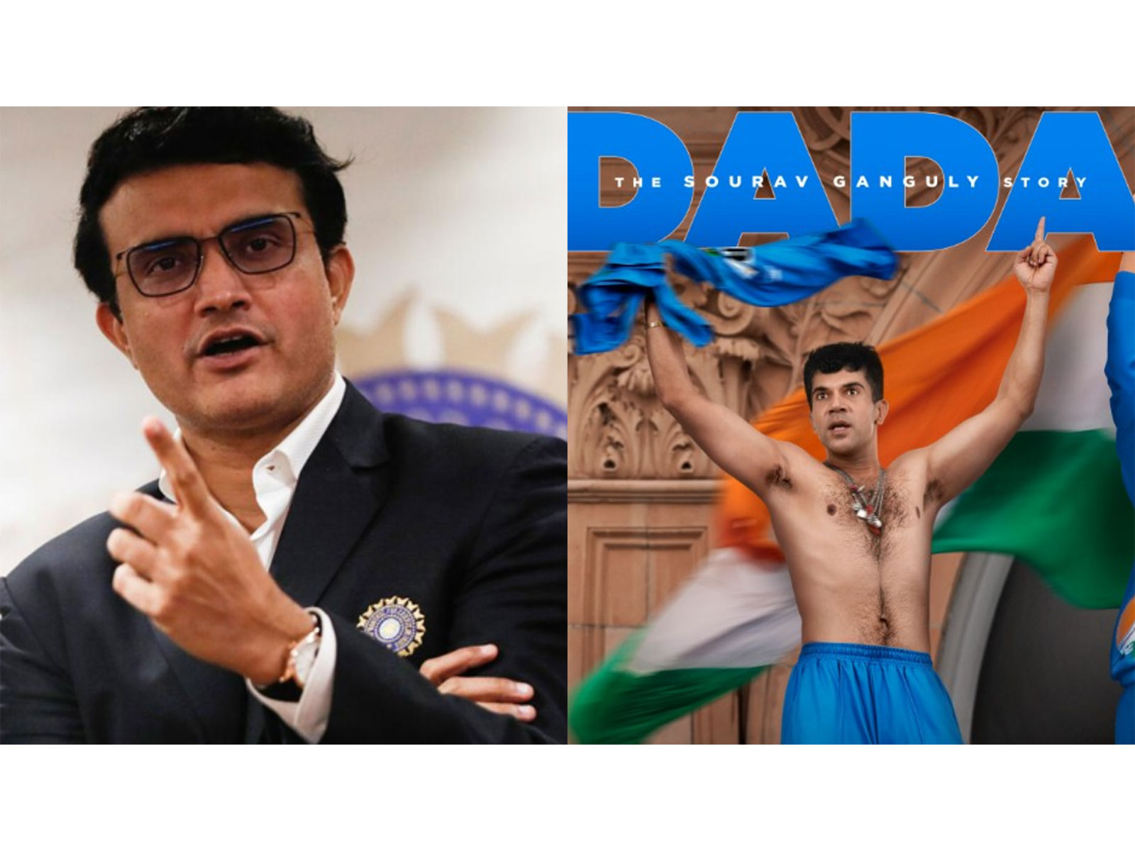 Sourav Ganguly (L) Dada poster (R) (Photos/ANI/instagram/@rajkummar_rao) Sourav Ganguly (L) Dada poster (R) (Photos/ANI/instagram/@rajkummar_rao)