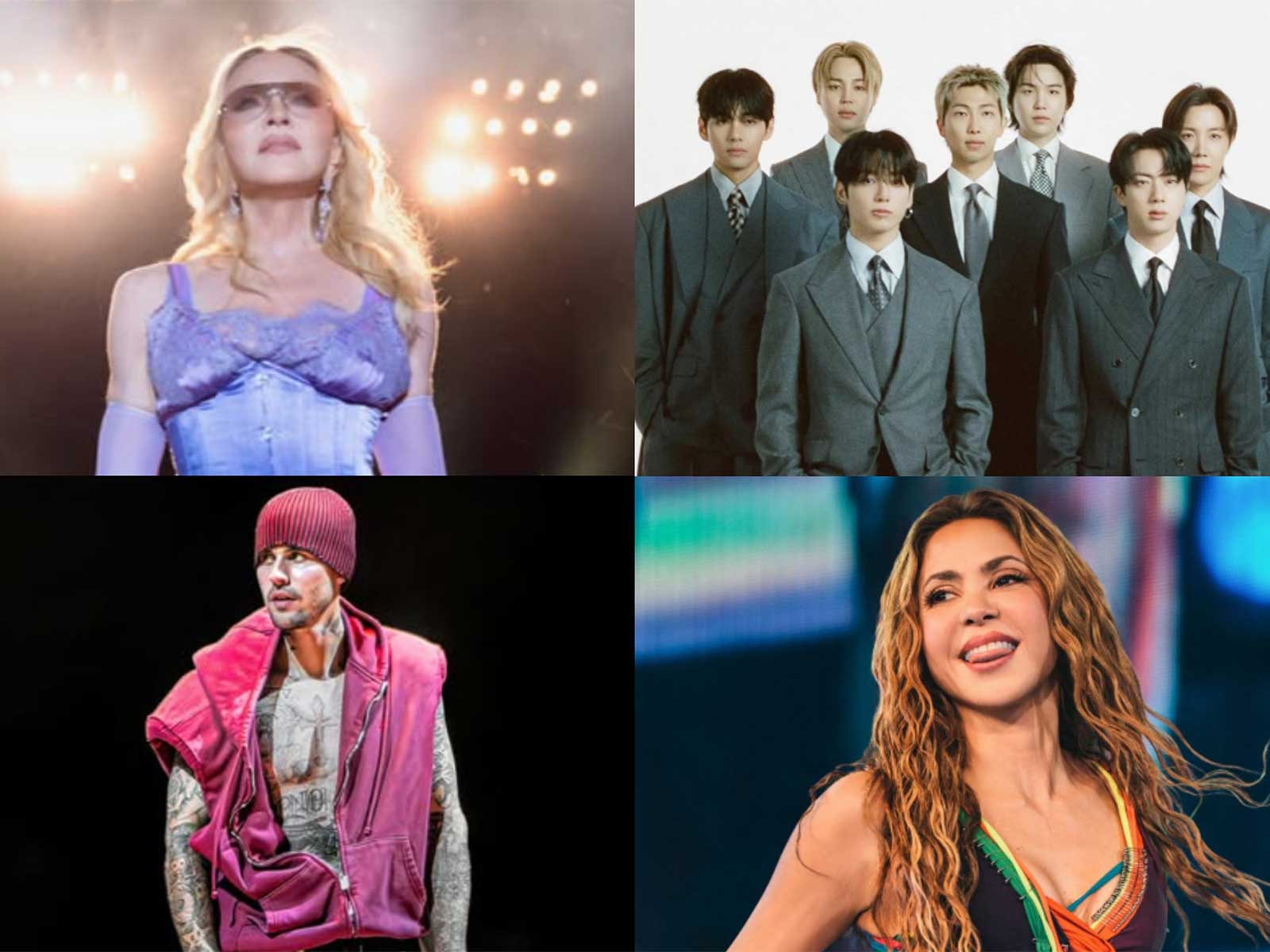 Madonna, BTS, Justin Bieber, Shakira (Photo: Instagram/@madonna, @bts.bighitofficial, @lilbieber, @shakira) Madonna, BTS, Justin Bieber, Shakira (Photo: Instagram/@madonna, @bts.bighitofficial, @lilbieber, @shakira)