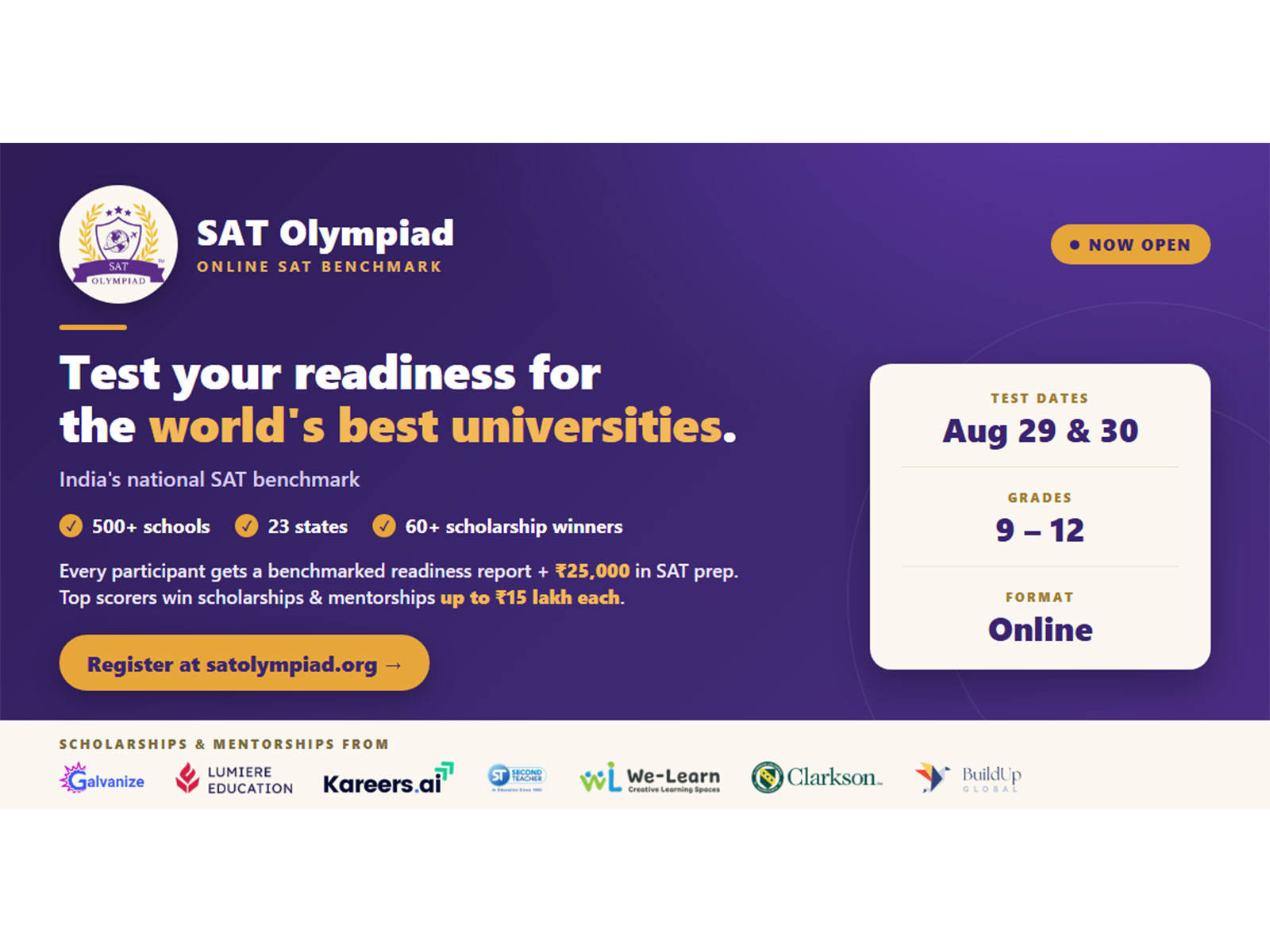 Register for SAT Olympiad 2026 and benchmark your SAT readiness with India's national SAT benchmark Register for SAT Olympiad 2026 and benchmark your SAT readiness with India's national SAT benchmark