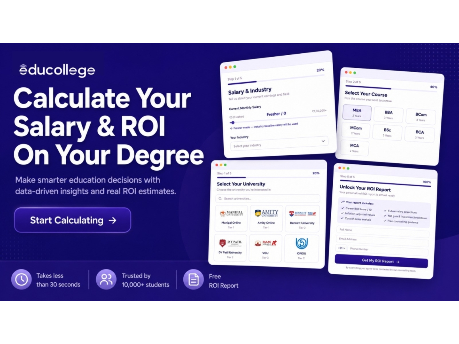 Evaluate your education investment with the EduCollege Degree ROI Calculator. It maps fees against placements and salary trends to give a personalized ROI score for smart choices.