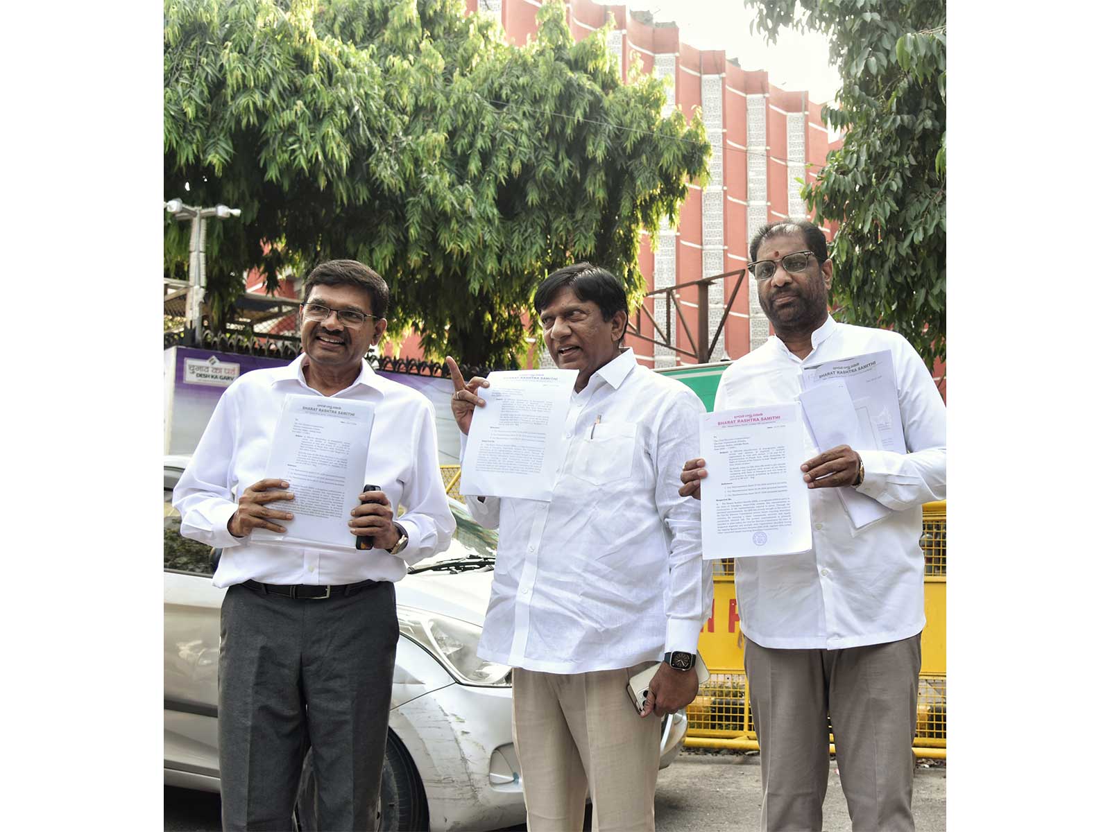 BRS leaders B. Vinod Kumar, Vaddiraju Ravichandra and Soma Bharath Kumar (Photo/ANI)