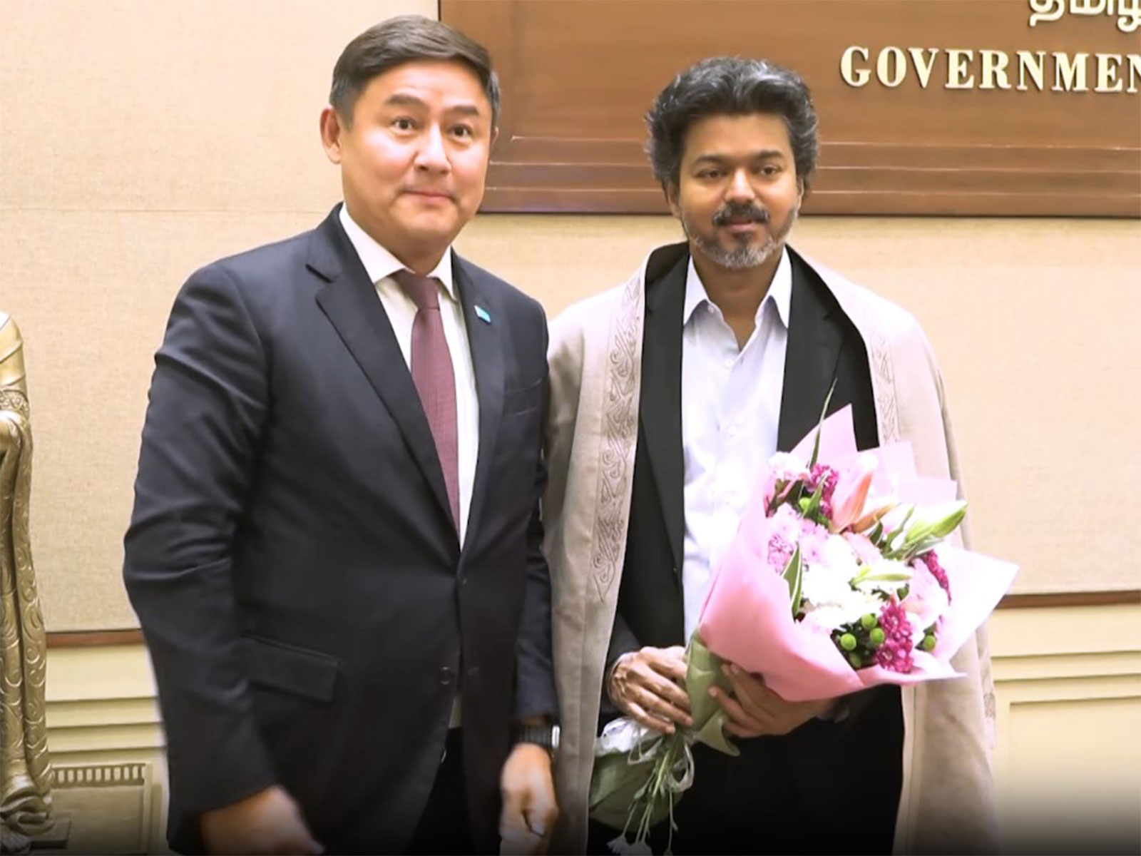 Tamil Nadu Chief Minister Vijay meets Ambassador of Kazakhstan Azamat Yeskarayev (Photo/ANI)