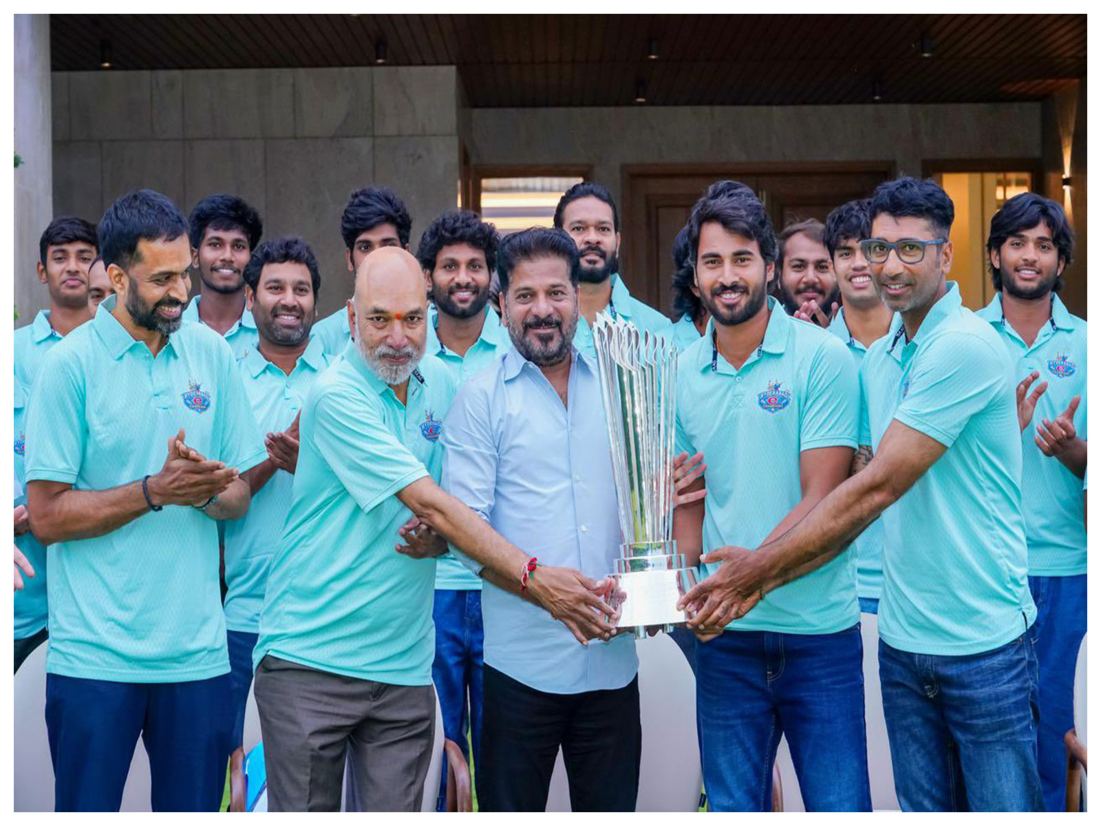 Telangana CM Revanth Reddy with TG20 League winning team (Photo/@revanth_anumula) Telangana CM Revanth Reddy with TG20 League winning team (Photo/@revanth_anumula)
