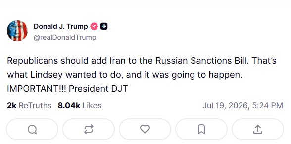 “Republicans should add Iran to Russian Sanctions Bill”: Donald Trump