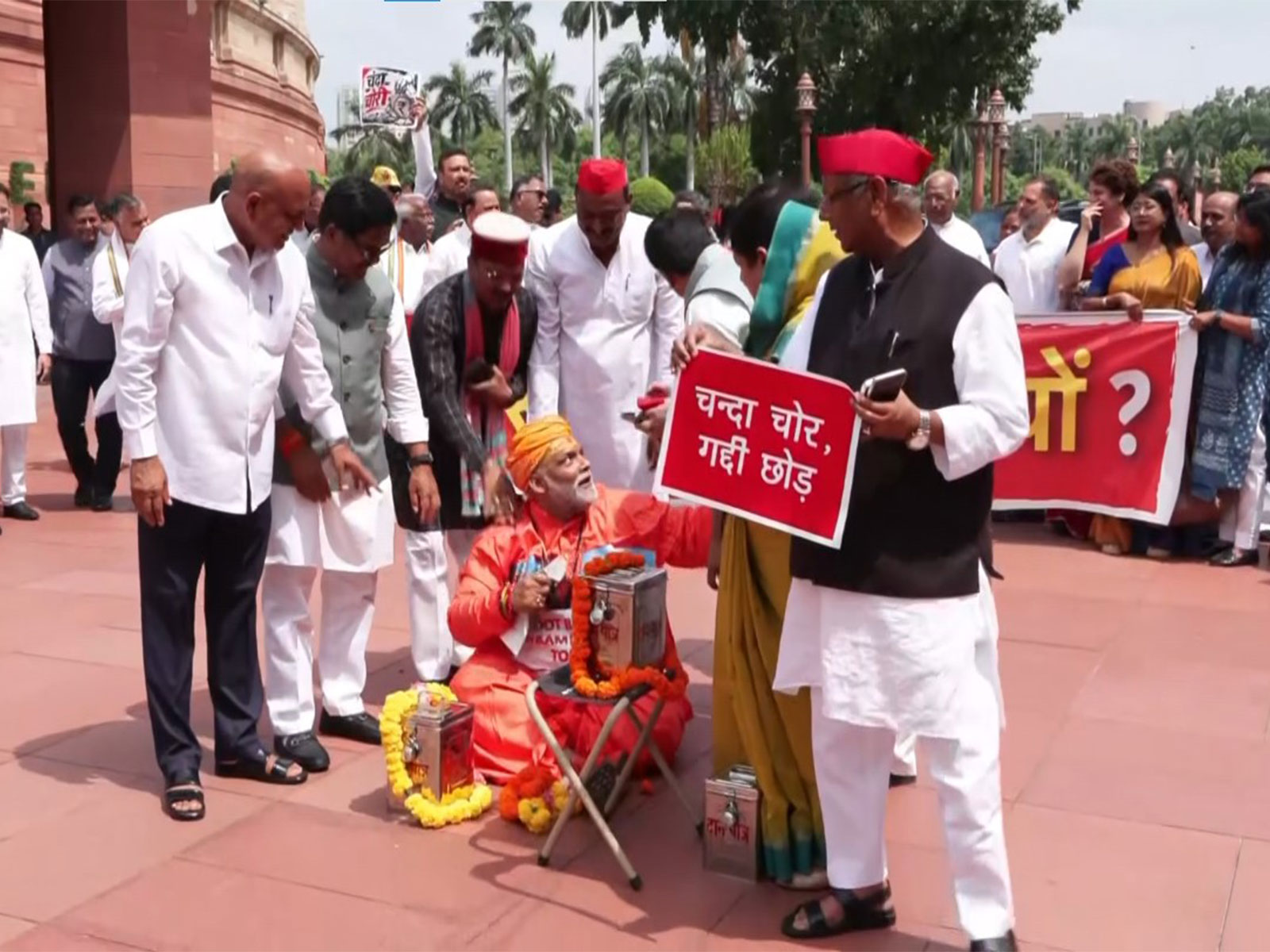 Pappu Yadav dressed as a temple priest in Parliament complex (Photo/ANI) Pappu Yadav dressed as a temple priest in Parliament complex (Photo/ANI)