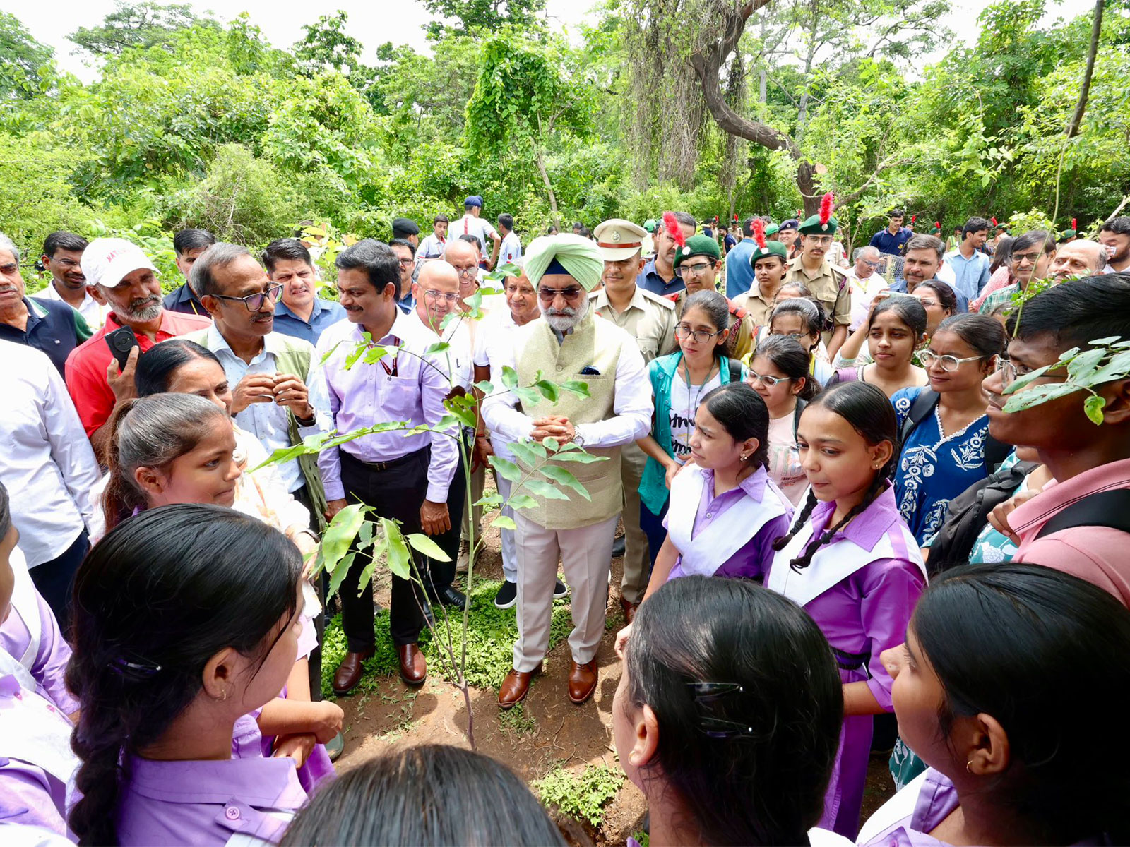 LG Taranjit Singh Sandhu plants a sapling at Kamla Nehru Ridge during DDA's mega plantation drive (Photo/X@SandhuTaranjitS)