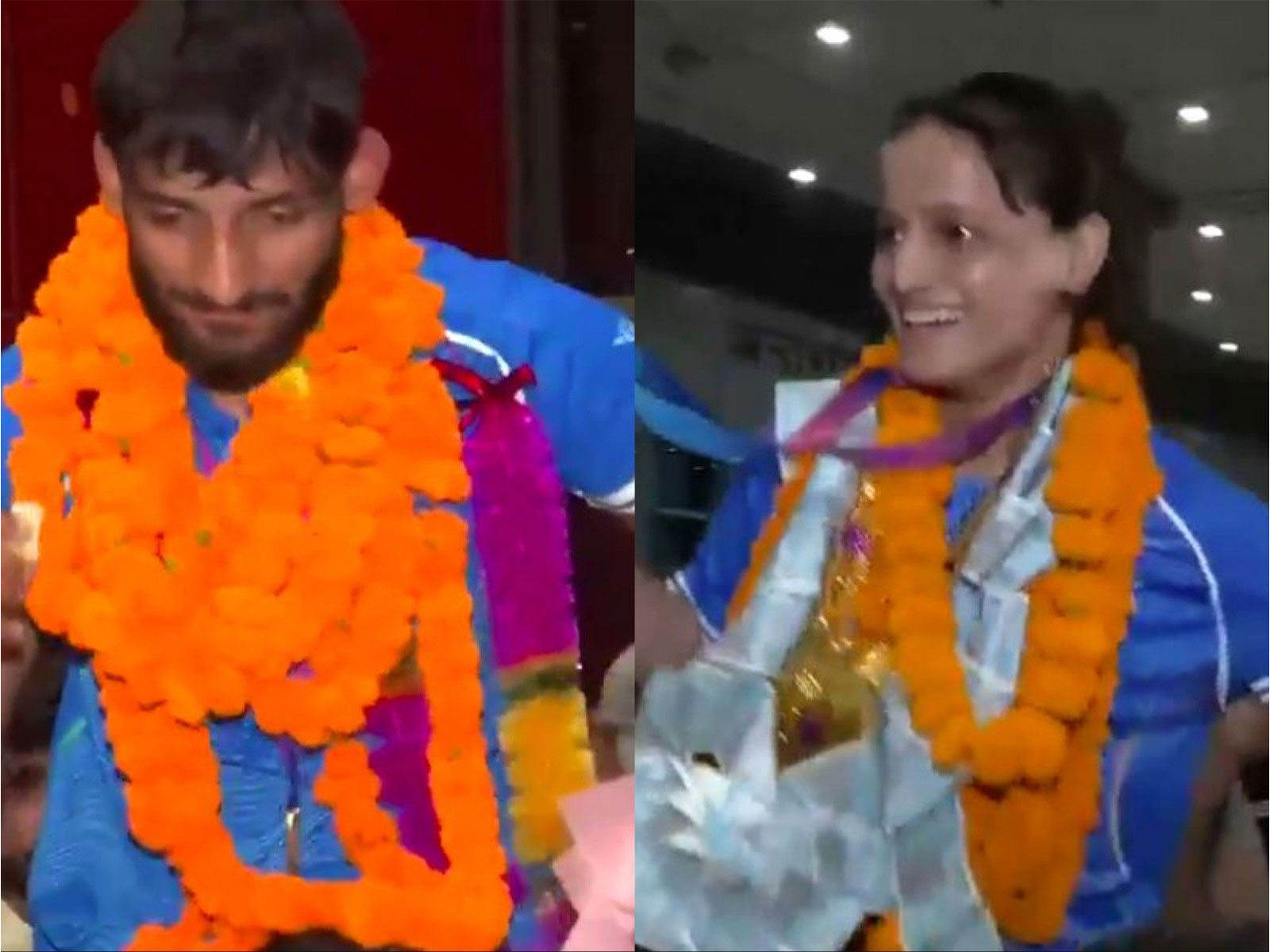 Gold medallist and Indian Judoka  Harsh Singh (left) and Asmita Dey (right) welcomed at Delhi Airport (Photo/ANI)