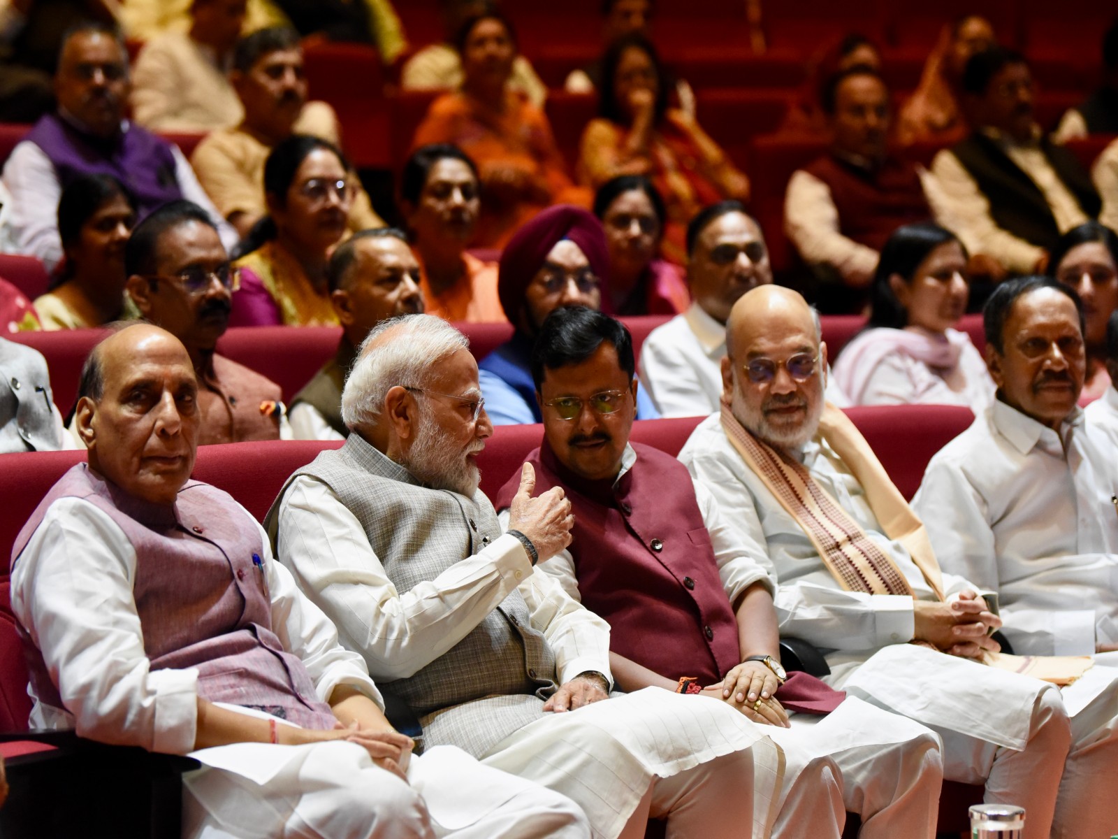 PM Modi, Rajnath Singh, Amit Shah and Nitin Nabin at NDA Mangal Milan meeting (Photo/ANI)