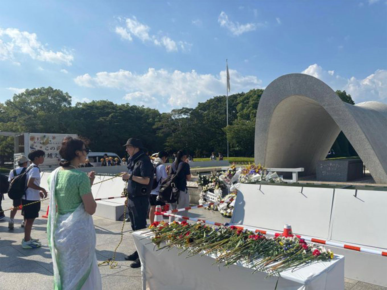 India's Ambassador to Japan, Nagma Mallick, pays floral tributes at the Hiroshima Peace Memorial Park during the 81st anniversary commemoration of the atomic bombing in Hiroshima, Japan. (Photo: X/@IndianEmbTokyo)
