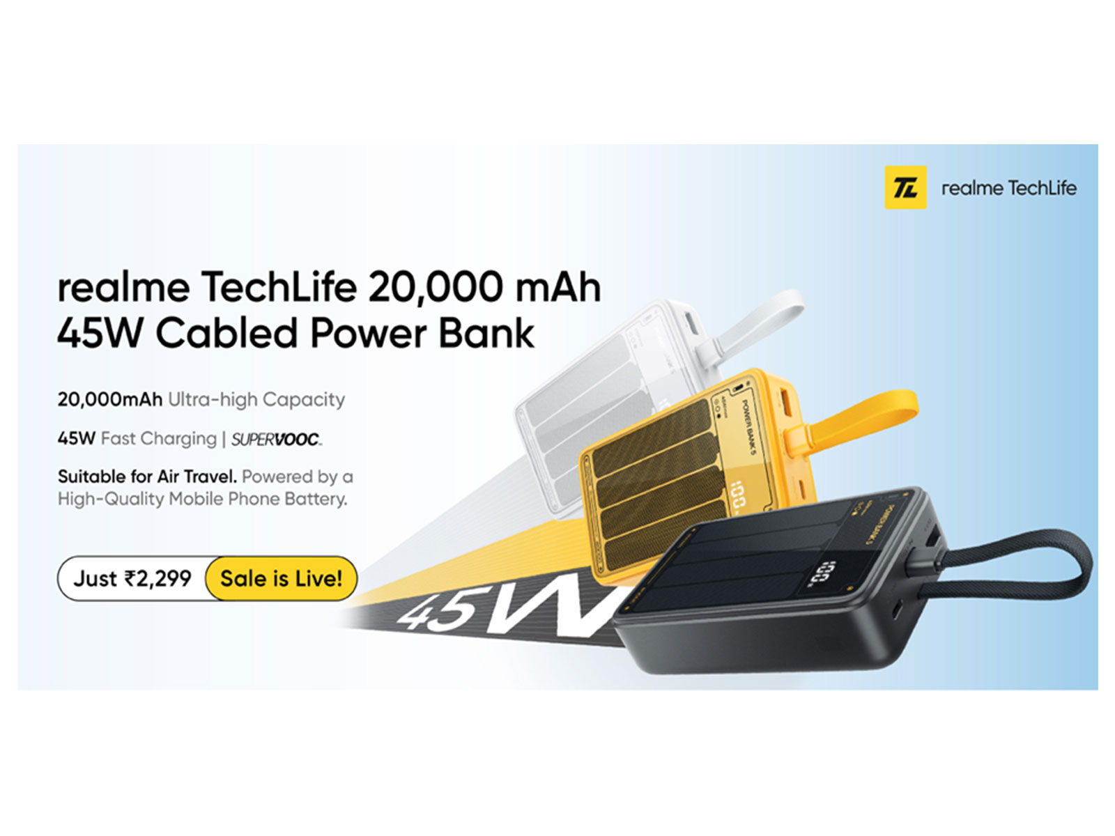 realme TechLife 20,000mAh 45W Cabled Power Bank with built-in Type-C cable (Image Courtesy: realme)