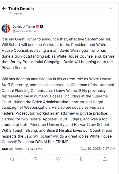 Trump appoints staff secretary Will Scharf as new White House counsel, replacing&hellip;