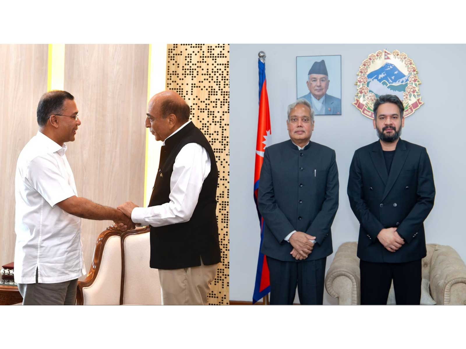 Indian High Commissioner to Bangladesh Dinesh Trivedi meets Bangladesh Prime Minister Tarique Rahman, while Indian Ambassador to Nepal Naveen Srivastava meets Nepal Prime Minister Balendra Shah to discuss strengthening bilateral ties. (Photos: Bangladesh PMO/Nepal PMO)