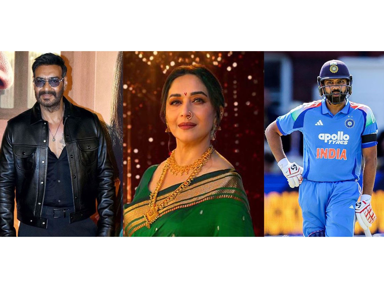 Ajay Devgn (Photo/ANI), Madhuri Dixit (Photo/SonyPictures) and Rohit Sharma (Photo/ANI) Ajay Devgn (Photo/ANI), Madhuri Dixit (Photo/SonyPictures) and Rohit Sharma (Photo/ANI)