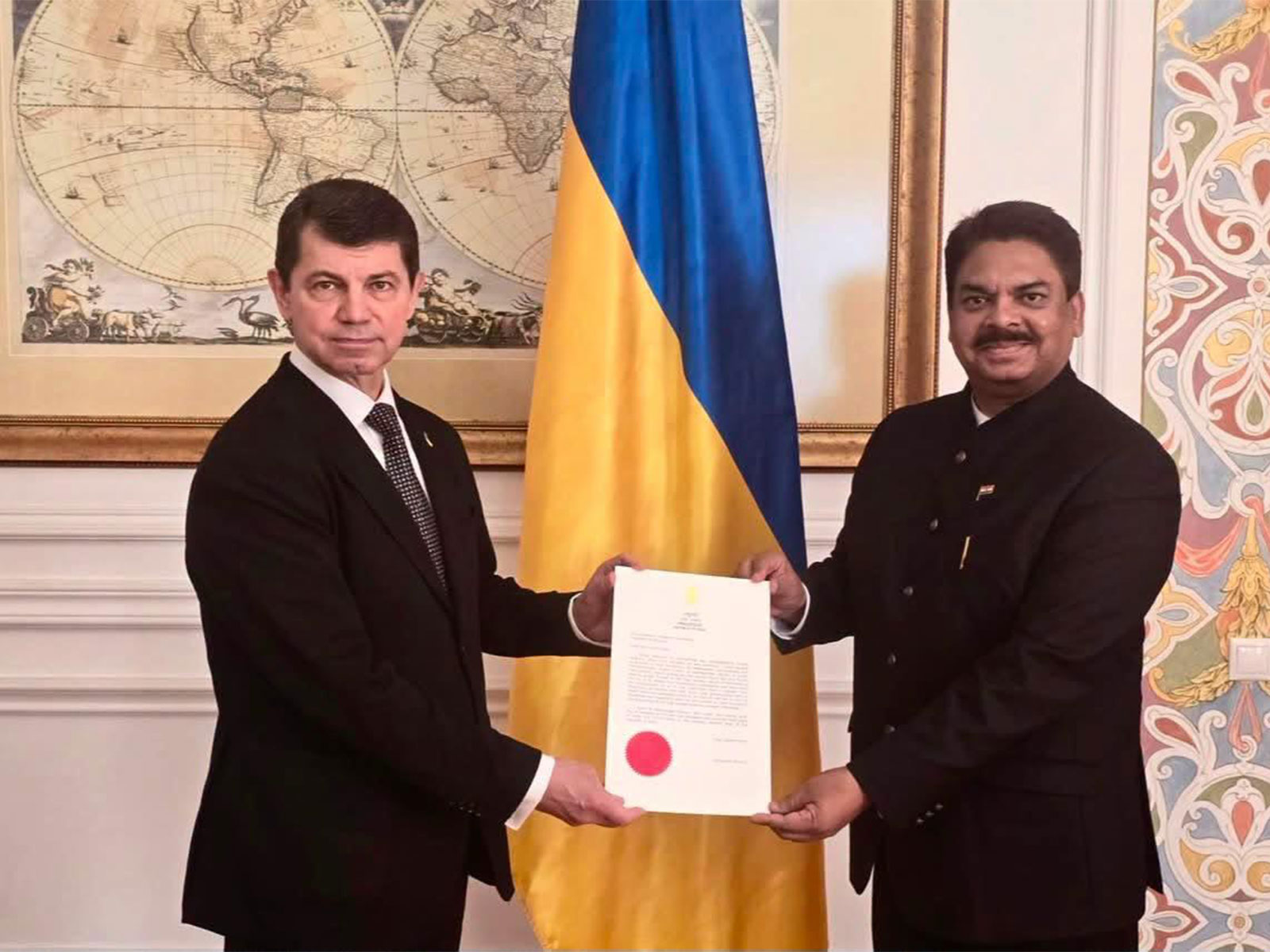 India’s Ambassador-designate to Ukraine, Anjani Kumar presents a copy of his 'Letter of Credence' to Ukraine’s Deputy Foreign Minister Olexandr Mischenko (Photo/X/@IndiainUkraine)