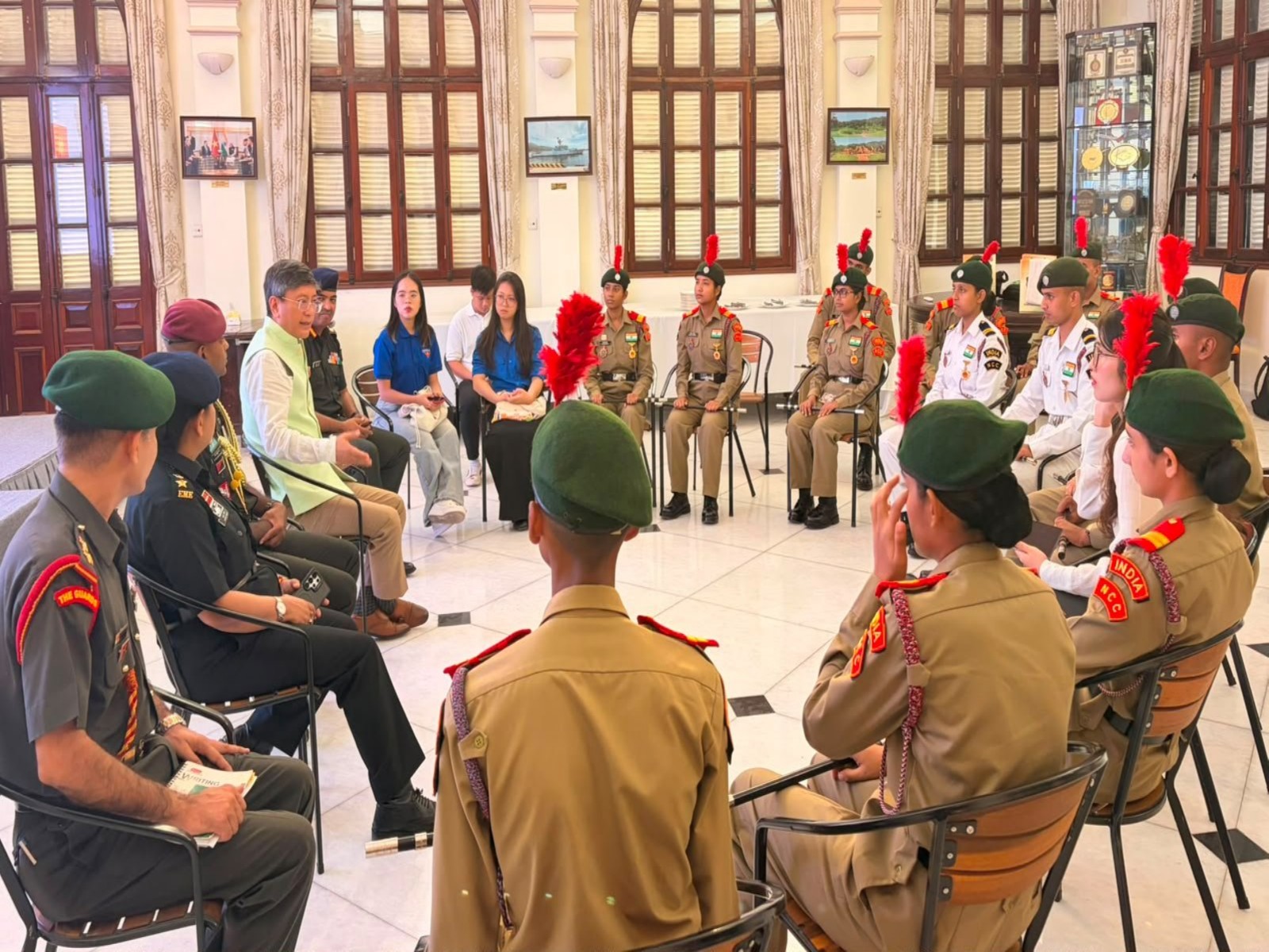 A 15-member NCC delegation interacts with officials at the Indian Embassy in Hanoi, Vietnam (Photo: X/@AmbHanoi) A 15-member NCC delegation interacts with officials at the Indian Embassy in Hanoi, Vietnam (Photo: X/@AmbHanoi)
