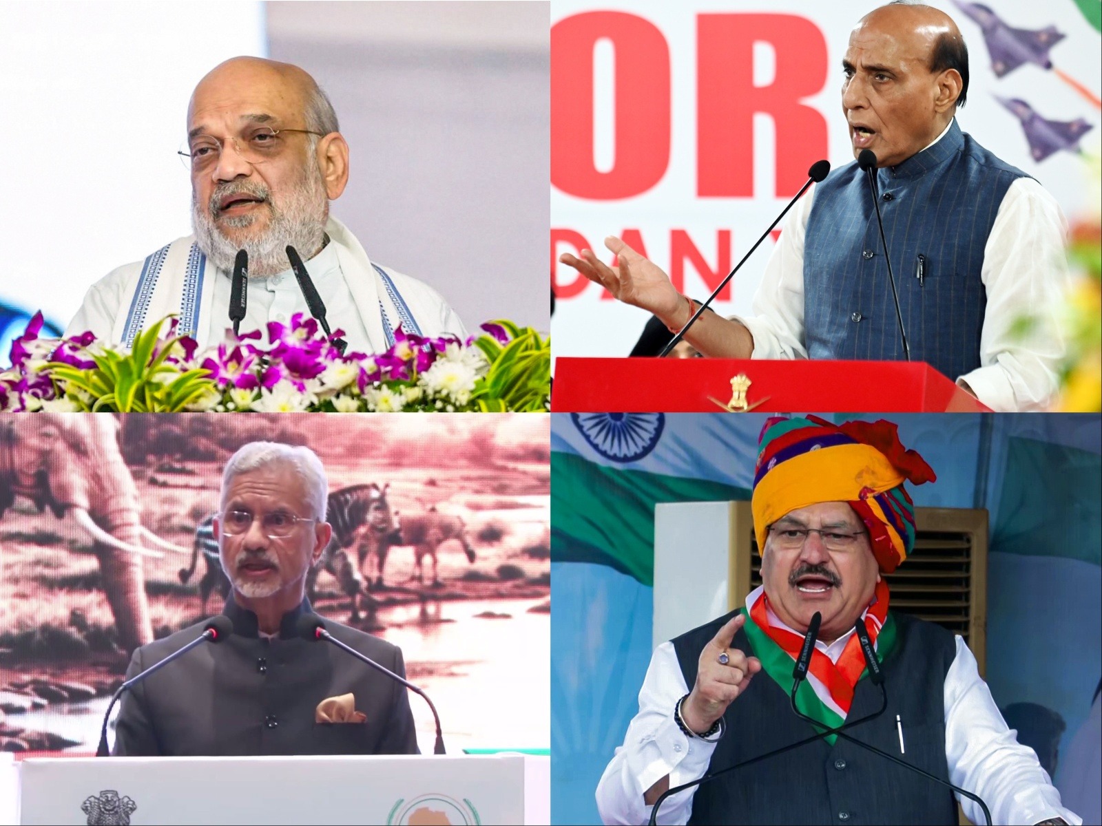 Union Home Minister Amit Shah, Defence Minister Rajnath Singh, External Affairs Minister S Jaishankar and Union Minister JP Nadda (FilePhoto/ANI) Union Home Minister Amit Shah, Defence Minister Rajnath Singh, External Affairs Minister S Jaishankar and Union Minister JP Nadda (FilePhoto/ANI)