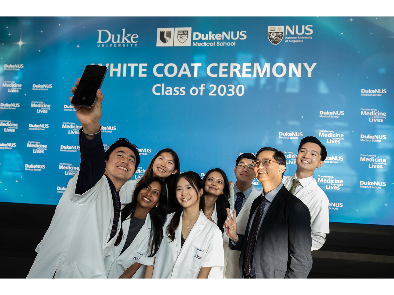 Aspiring doctors from the Class of 2030 with Prof Patrick Tan, Dean of Duke-NUS, as they take the first step towards realising their medical dreams // Photo credit: Duke-NUS Medical School Aspiring doctors from the Class of 2030 with Prof Patrick Tan, Dean of Duke-NUS, as they take the first step towards realising their medical dreams // Photo credit: Duke-NUS Medical School
