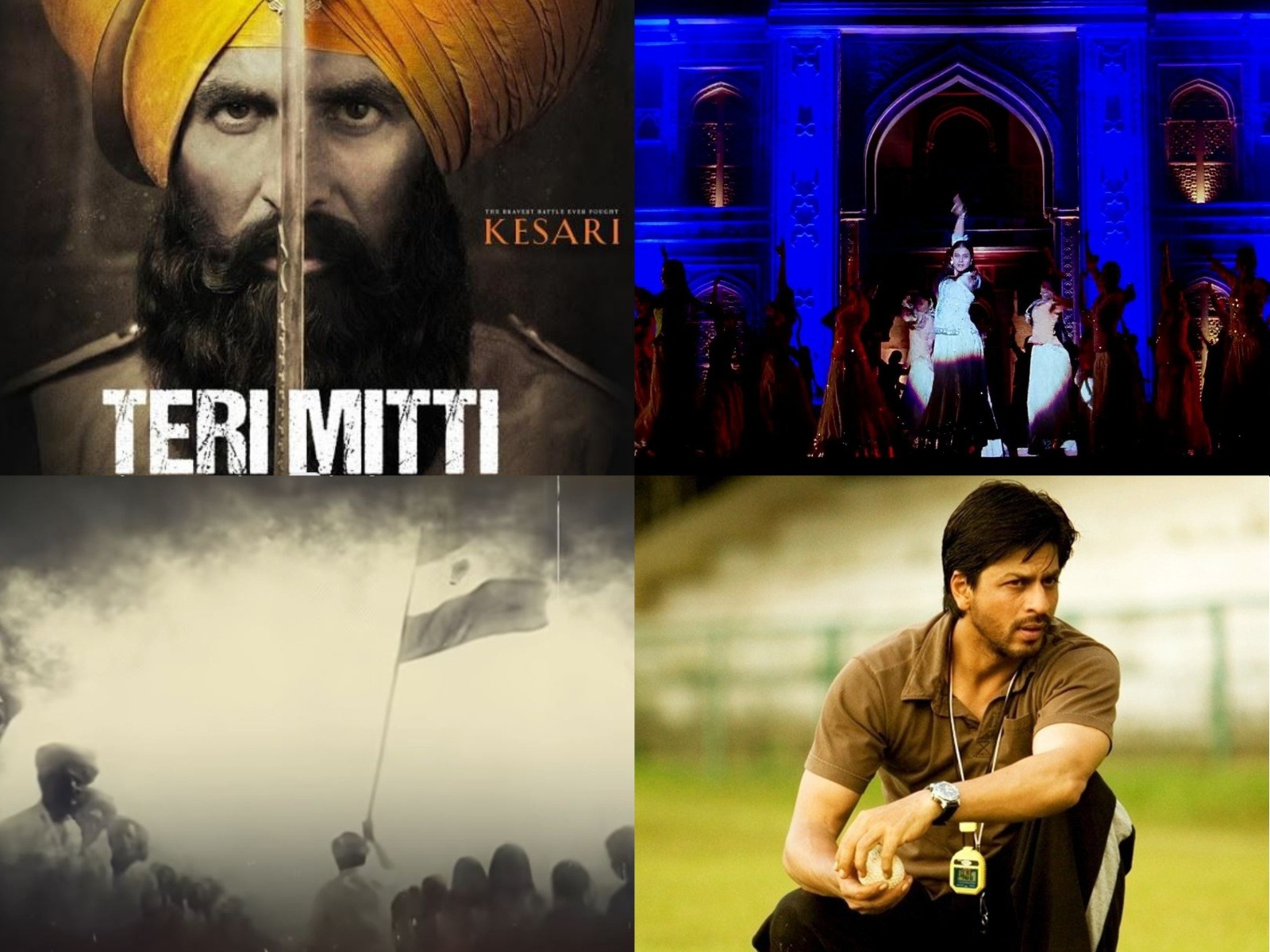 L-R Teri Mitti (Photo/ZeeMusicCompany), Des Rangila (Photo/YRF), Vande Mataram (Photo/AR Rahman) and Chake De India song (Photo/YRF) L-R Teri Mitti (Photo/ZeeMusicCompany), Des Rangila (Photo/YRF), Vande Mataram (Photo/AR Rahman) and Chake De India song (Photo/YRF)