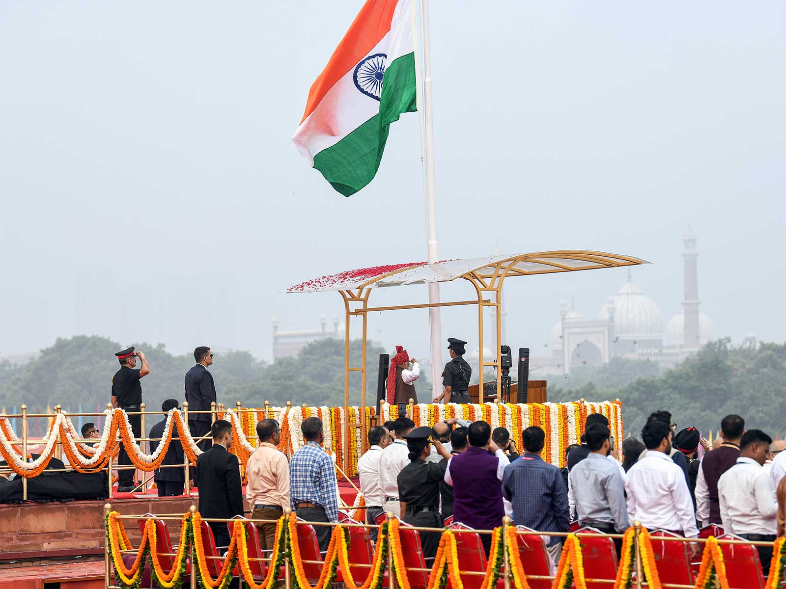 Prime Minister Narendra Modi salutes after hoisting national flag at Red Fort on 80th Independence Day, in New Delhi (Photo/ANI) Prime Minister Narendra Modi salutes after hoisting national flag at Red Fort on 80th Independence Day, in New Delhi (Photo/ANI)