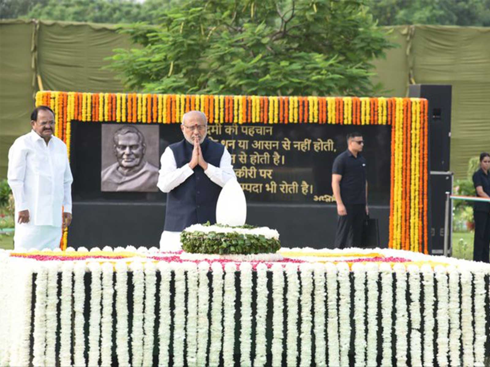 Vice President Shri C. P. Radhakrishnan paid tributes at Sadaiv Atal on the Punya Tithi of revered Bharat Ratna Atal Bihari Vajpayee Ji  (Photo: @VPIndia/X)
