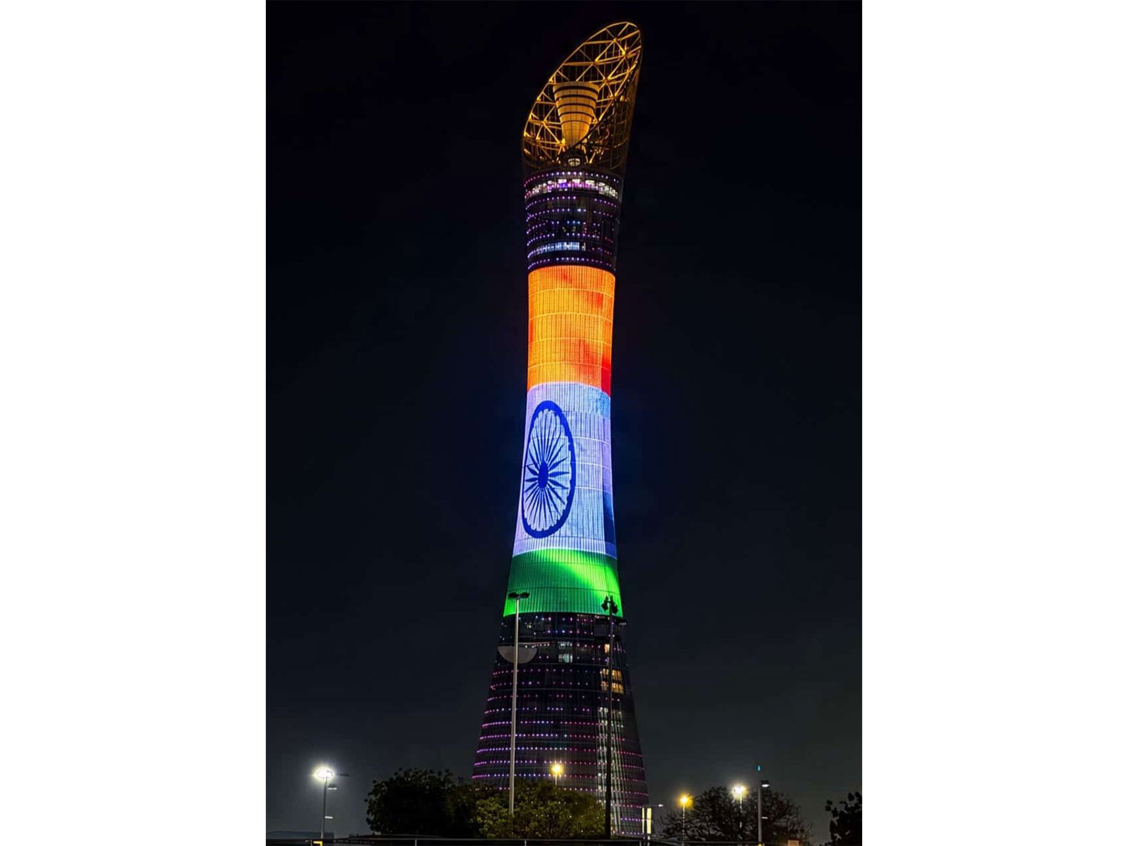 Doha’s Torch Tower lights up in Tricolour (Photo/X@IndEmbDoha)