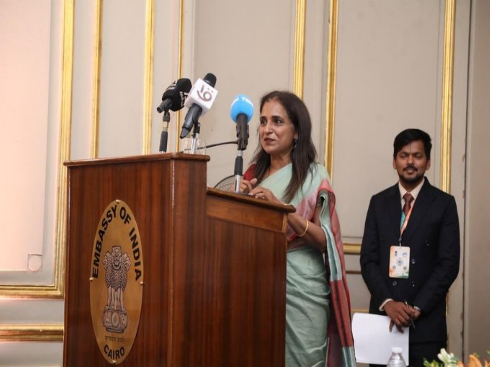 MEA Secretary Sripriya Ranganathan addresses the India-Egypt BRICS Partnership Conference at the Diplomatic Club in Cairo. (Photo: X/@indembcairo)