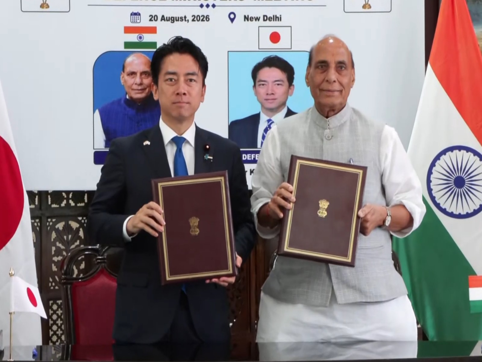 Defence Minister Rajnath Singh with Japanese counterpart Shinjiro Koizumi in New Delhi on August 20, 2026 (Photo/ANI)