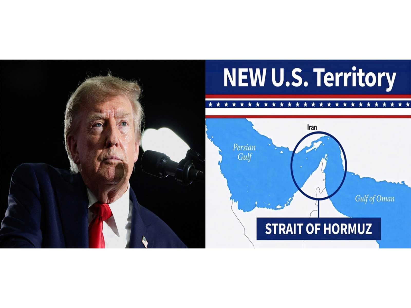 US President Donald Trump (L) alongside a graphic shared on his Truth Social platform depicting the strategically vital Strait of Hormuz circled and labeled as 