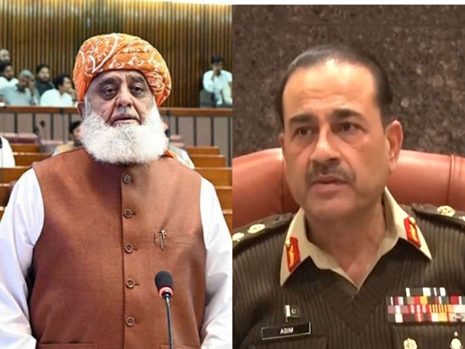 JUI-F chief Maulana Fazlur Rehman (L) (Image Source: Facebook/@Pakistan National Assembly) and Pakistan Army Chief Asim Munir (R). (File Photo/ISPR) JUI-F chief Maulana Fazlur Rehman (L) (Image Source: Facebook/@Pakistan National Assembly) and Pakistan Army Chief Asim Munir (R). (File Photo/ISPR)