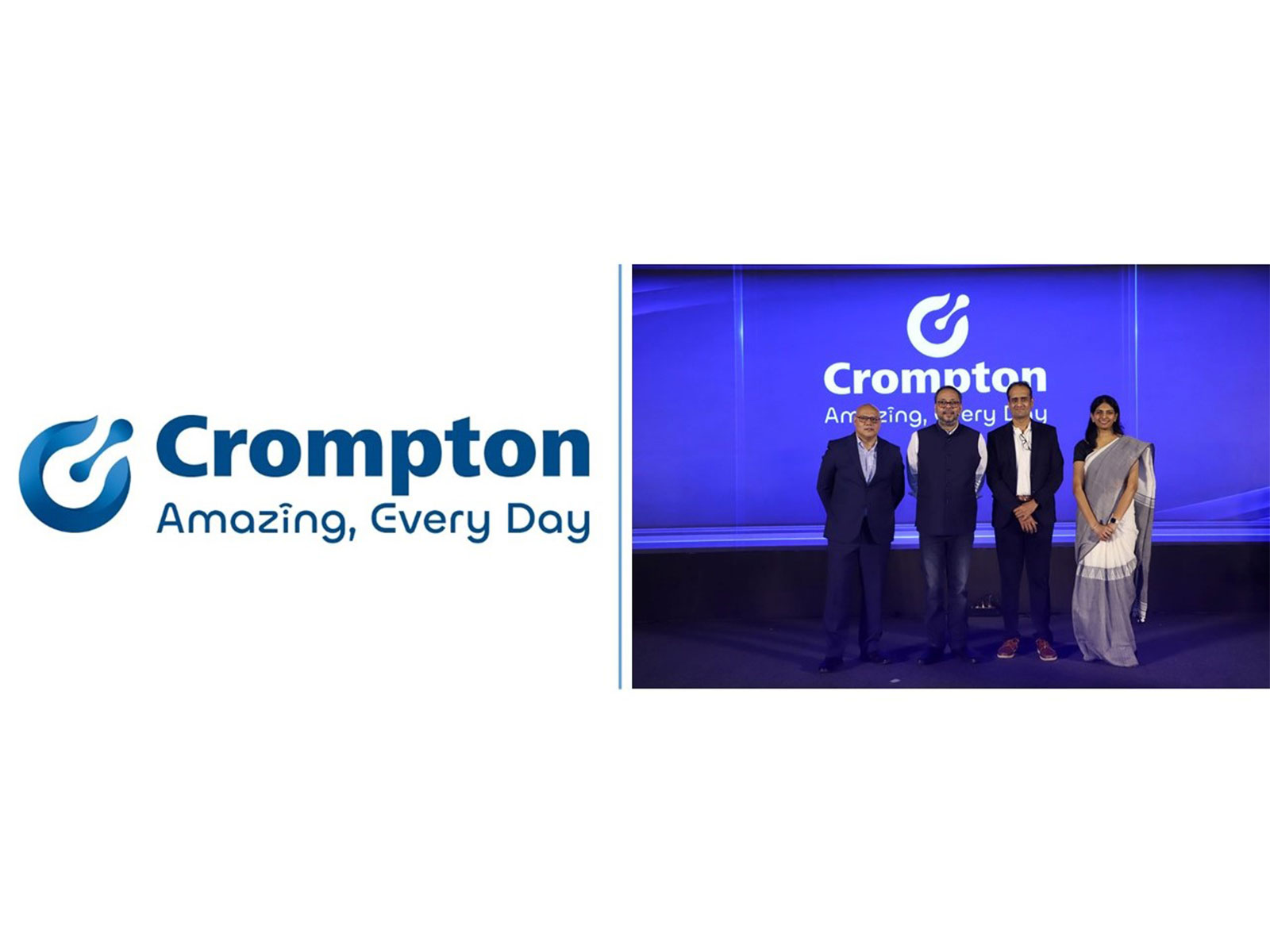 Crompton New Logo | L-R: Tanmay Prusty, CMO; Promeet Ghosh, MD & CEO; Kaleeswaran Arunachalam, Group CFO & Head of Strategy; Shweta Sagar, CBO, Butterfly & PL Head - Rhion Crompton New Logo | L-R: Tanmay Prusty, CMO; Promeet Ghosh, MD & CEO; Kaleeswaran Arunachalam, Group CFO & Head of Strategy; Shweta Sagar, CBO, Butterfly & PL Head - Rhion