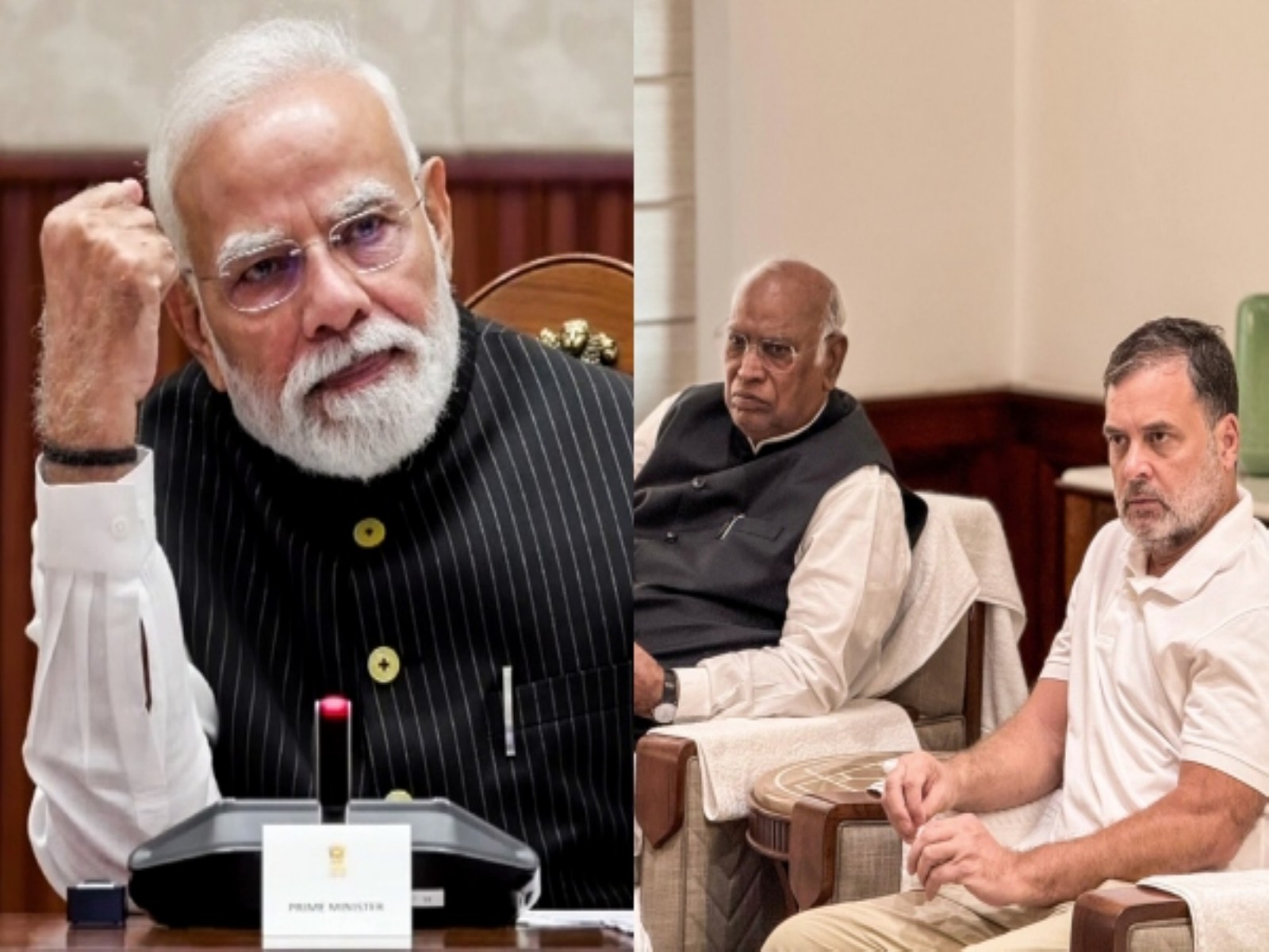 Prime Minister Narendra Modi (L), Congress President Mallikarjun Kharge and LoP Lok Sabha Rahul Gandhi (R) (File Photo/ANI)
