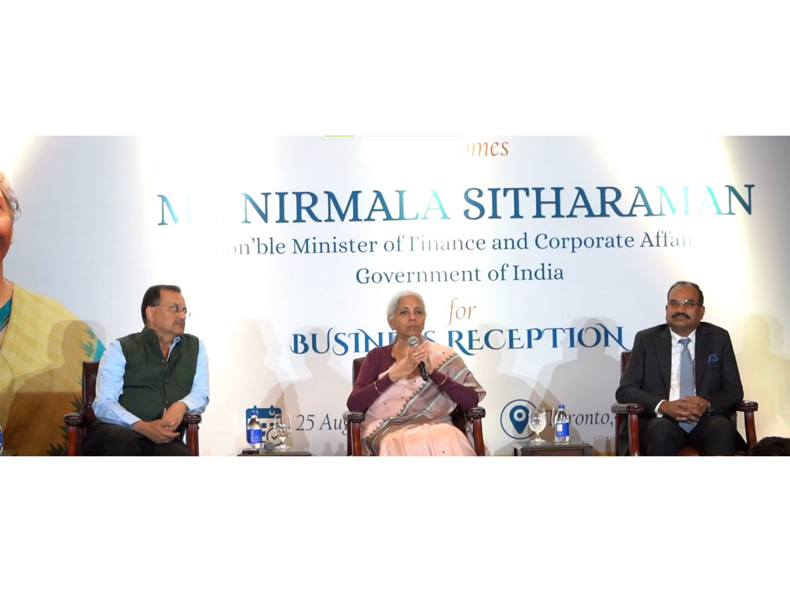Finance Minister Nirmala Sitharaman addresses the Indian diaspora business community during a reception in Toronto, Canada. (Photo: X/@nsitharamanoffc)