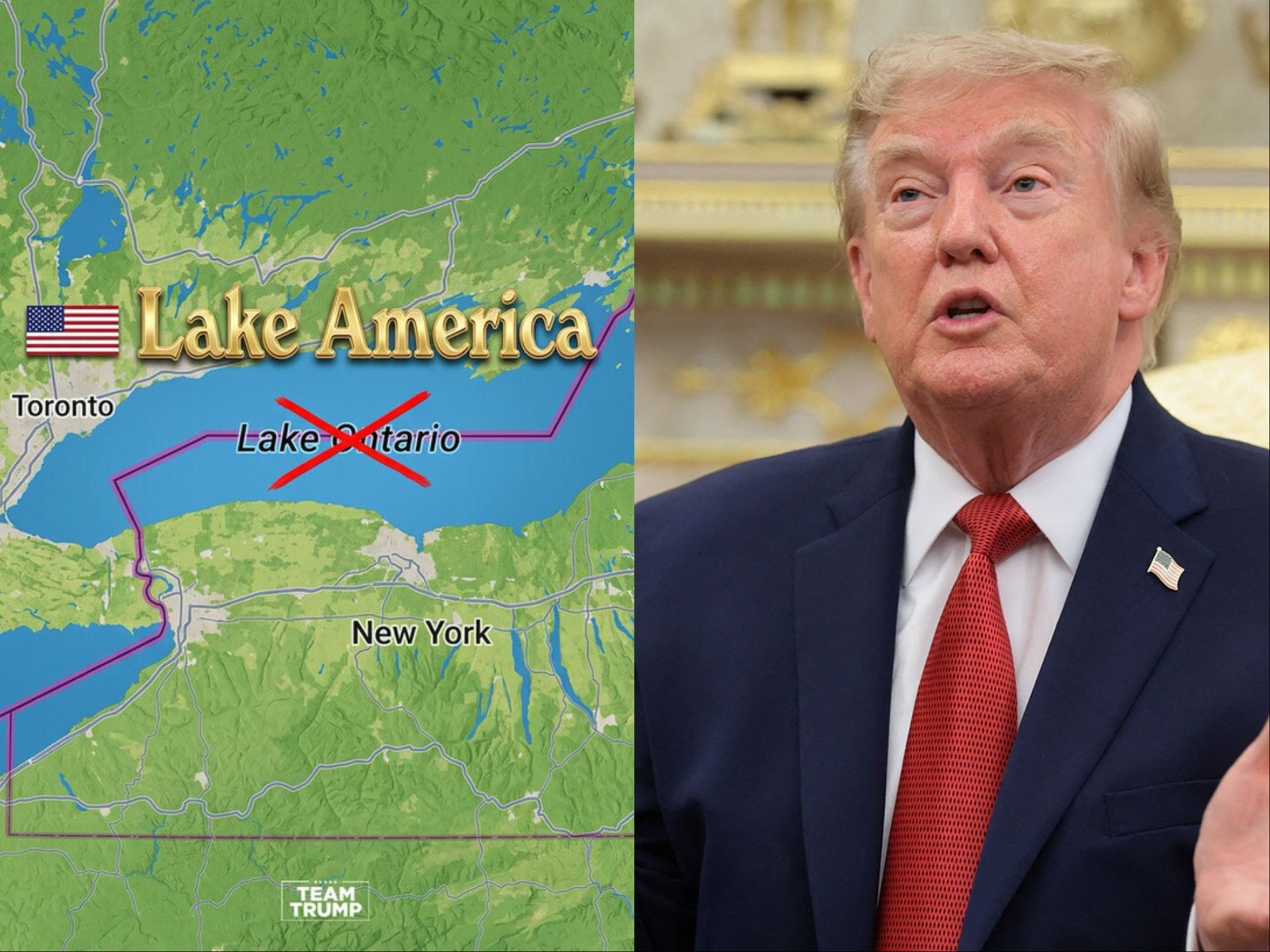 US President Donald Trump (R) alongside a map posted on Truth Social proposing to rename Lake Ontario as 
