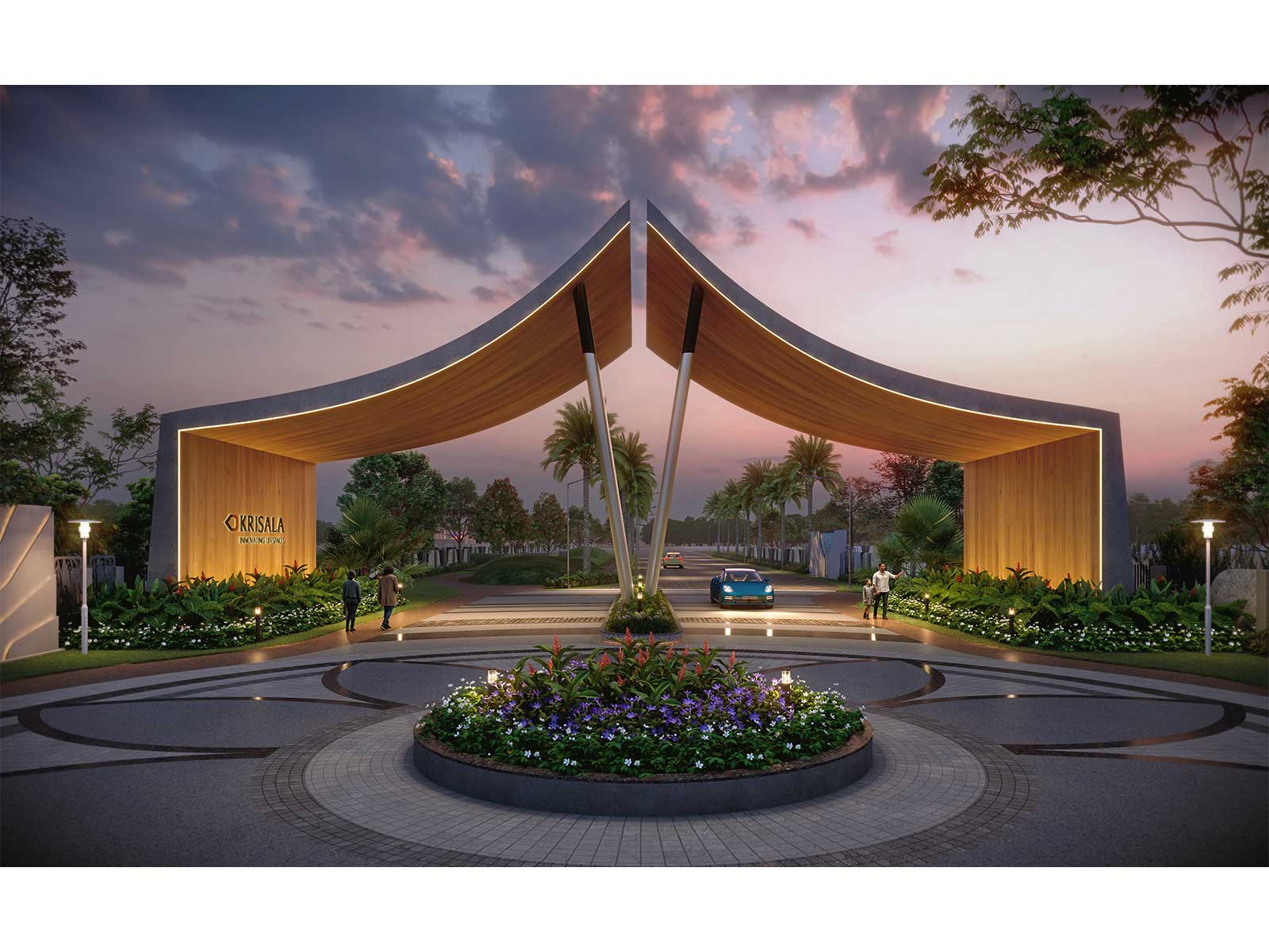 Artist’s impression of the grand entrance to Krisala’s Land of Dreams, showcasing its distinctive architectural design and landscaped surroundings