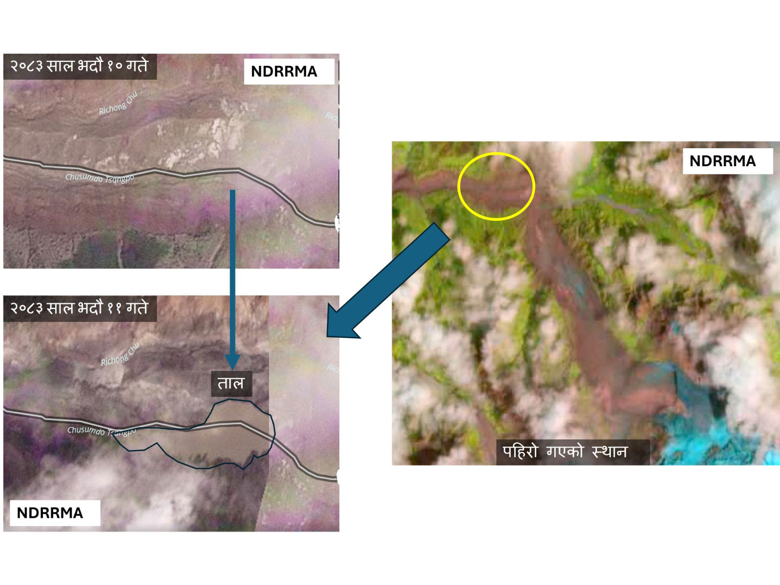 Satellite images from upper course of Bhotekoshi River system in Lhende River (Photo/X@NDRRMA_Nepal)