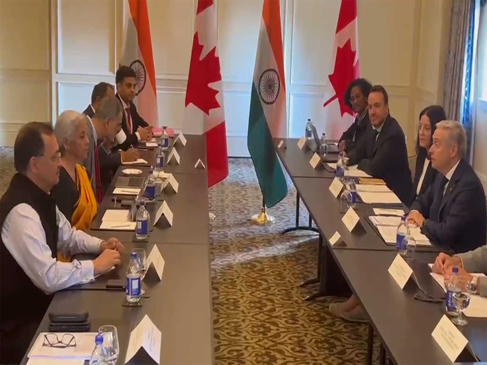 Union Finance Minister Nirmala Sitharaman and her Canadian counterpart François-Philippe Champagne during bilateral talks (Photo/ANI) Union Finance Minister Nirmala Sitharaman and her Canadian counterpart François-Philippe Champagne during bilateral talks (Photo/ANI)